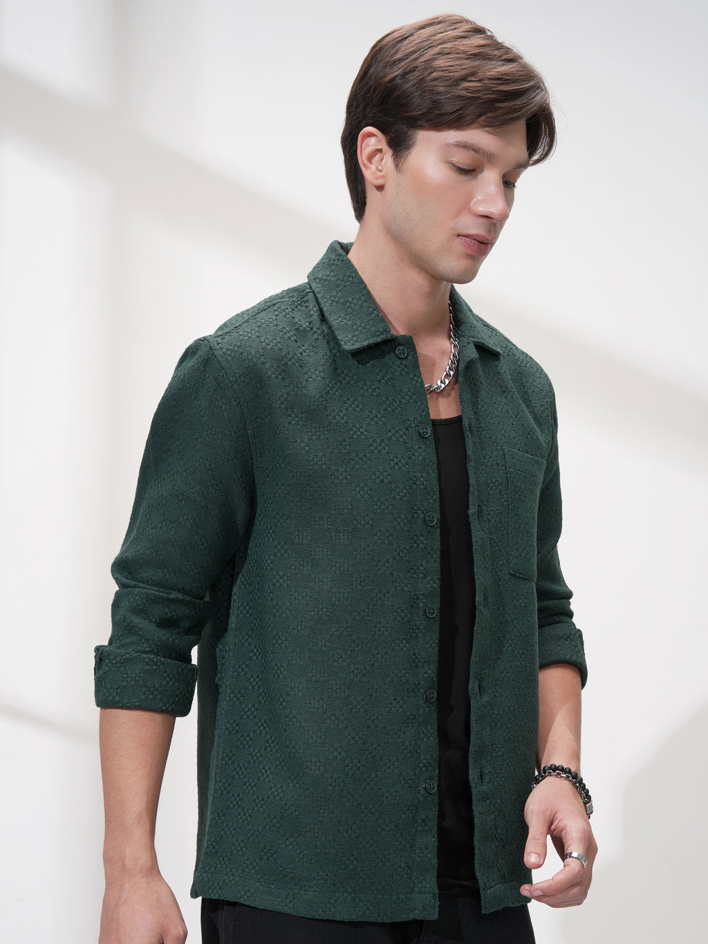 Highlander Men Green Self Design Relaxed Fit Casual Shirt - Green - Image 6