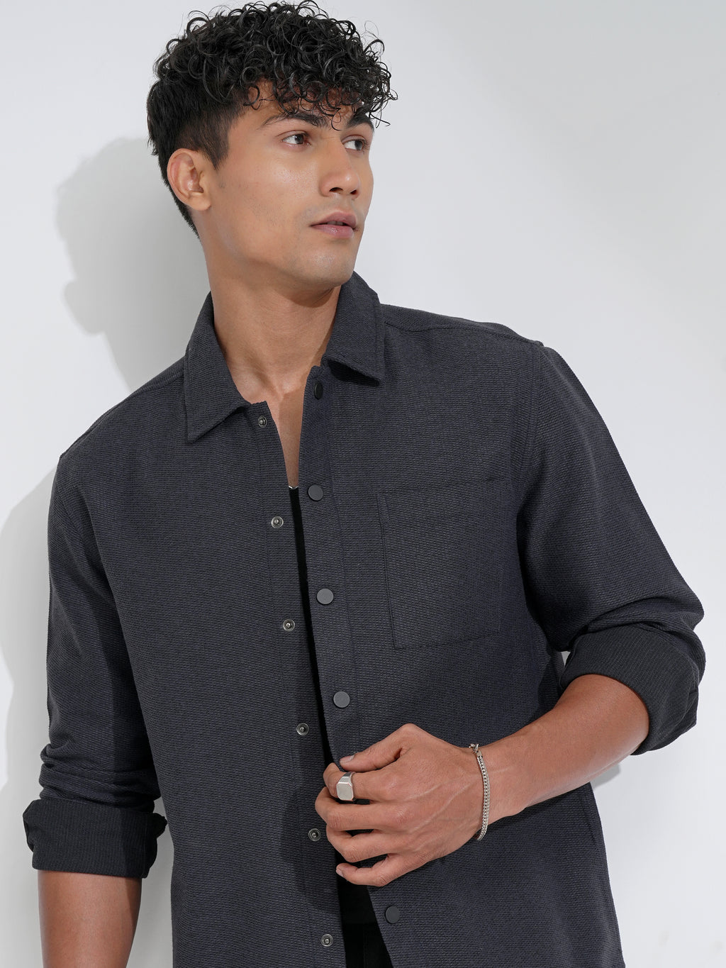 Highlander Men Charcoal Self Design Relaxed Fit Casual Shirt - Charcoal - Image 1