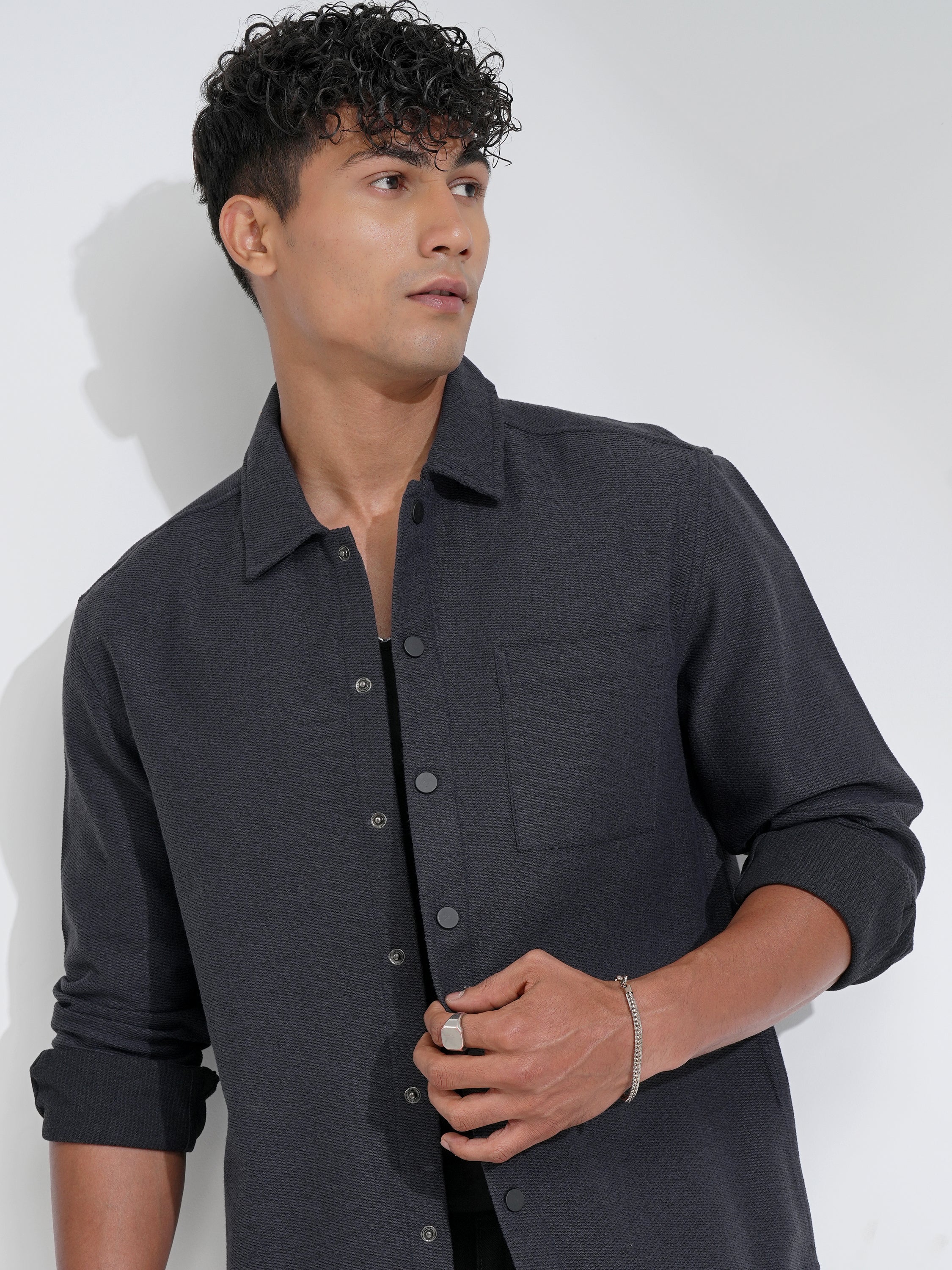 Highlander Men Charcoal Self Design Relaxed Fit Casual Shirt - Charcoal - Image 1