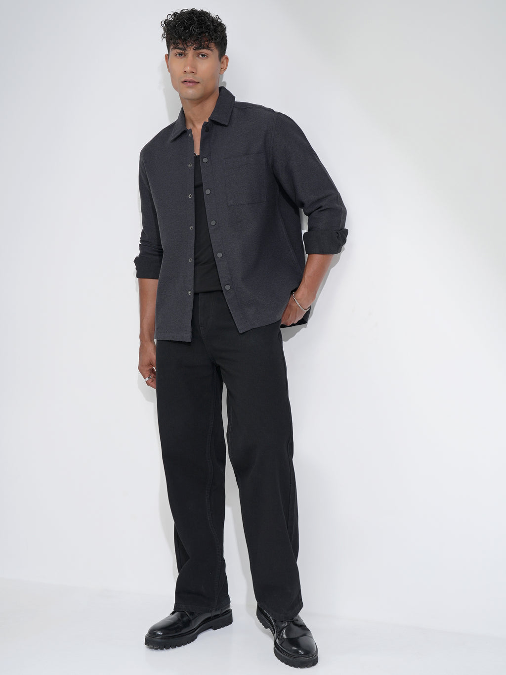 Highlander Men Charcoal Self Design Relaxed Fit Casual Shirt - Charcoal - Image 2