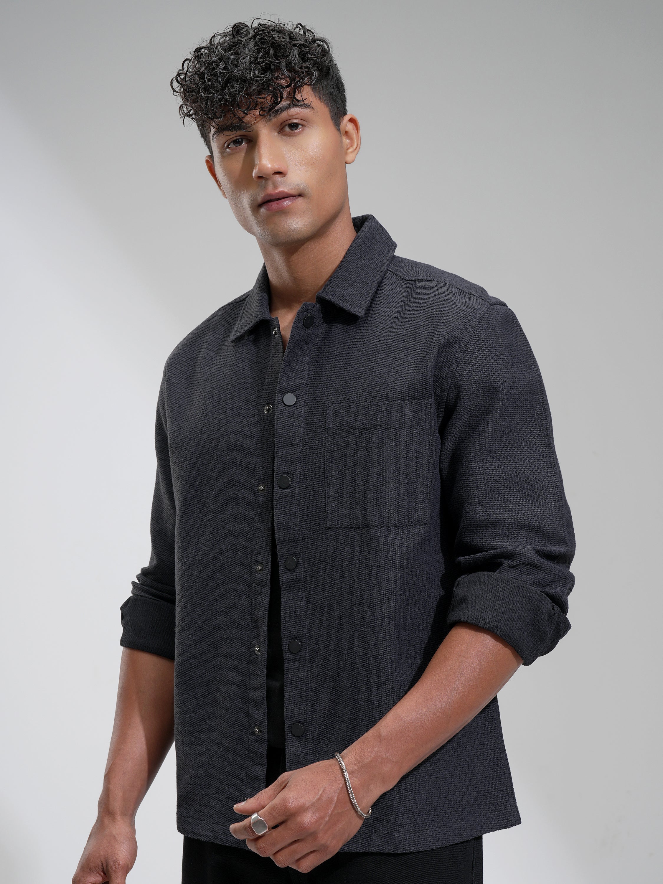 Highlander Men Charcoal Self Design Relaxed Fit Casual Shirt - Charcoal - Image 4