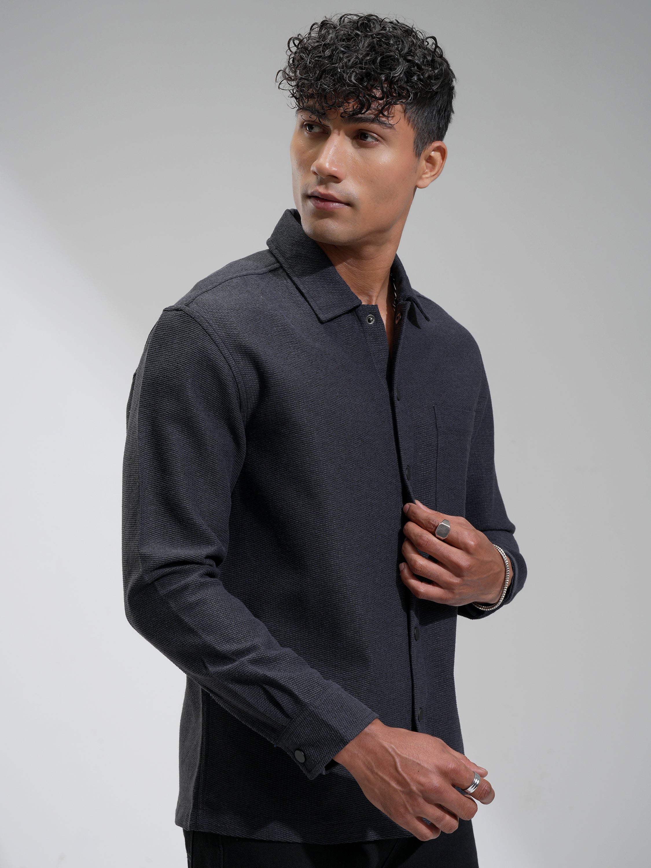 Highlander Men Charcoal Self Design Relaxed Fit Casual Shirt - Charcoal - Image 6