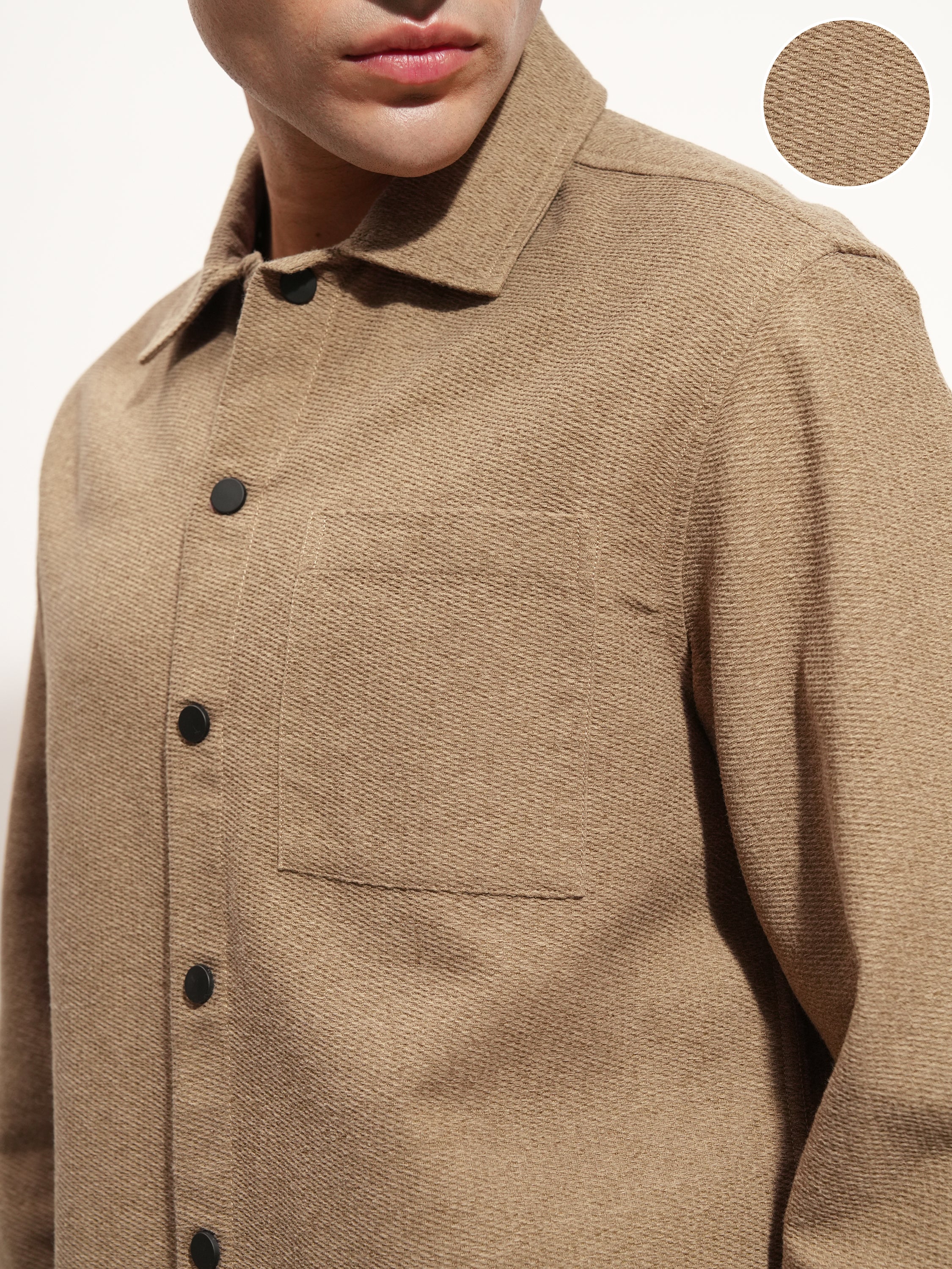Highlander Men Khaki Self Design Relaxed Fit Casual Shirt - Khaki - Image 5