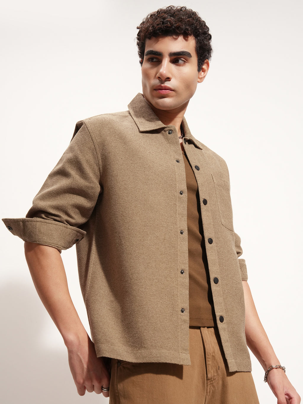 Highlander Men Khaki Self Design Relaxed Fit Casual Shirt - Khaki - Image 6