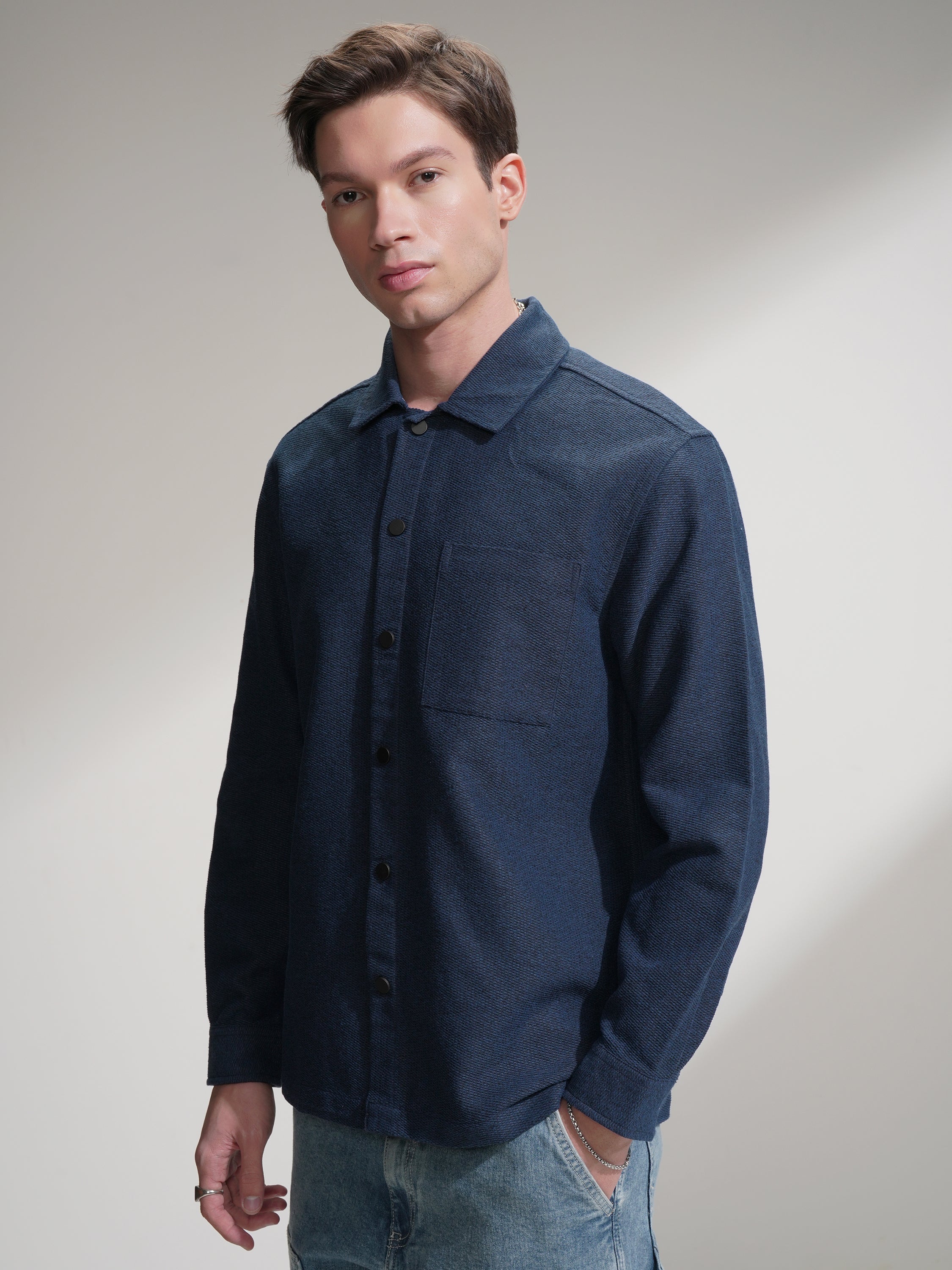 Highlander Men Blue Self Design Relaxed Fit Casual Shirt - Blue - Image 4