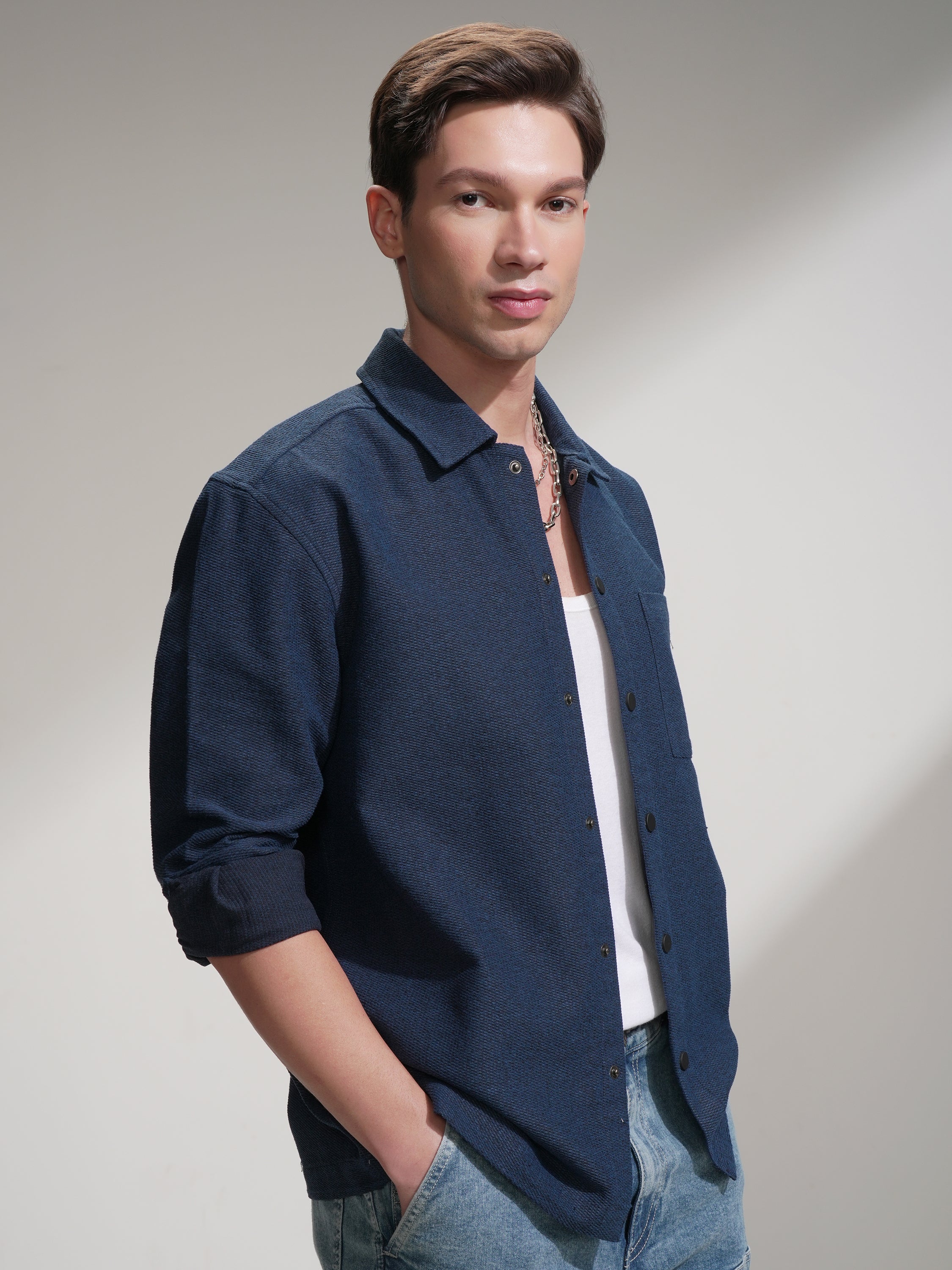 Highlander Men Blue Self Design Relaxed Fit Casual Shirt - Blue - Image 6