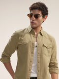 Highlander Men Khaki Self Design Slim Fit Casual Shirt - Khaki - Image 1