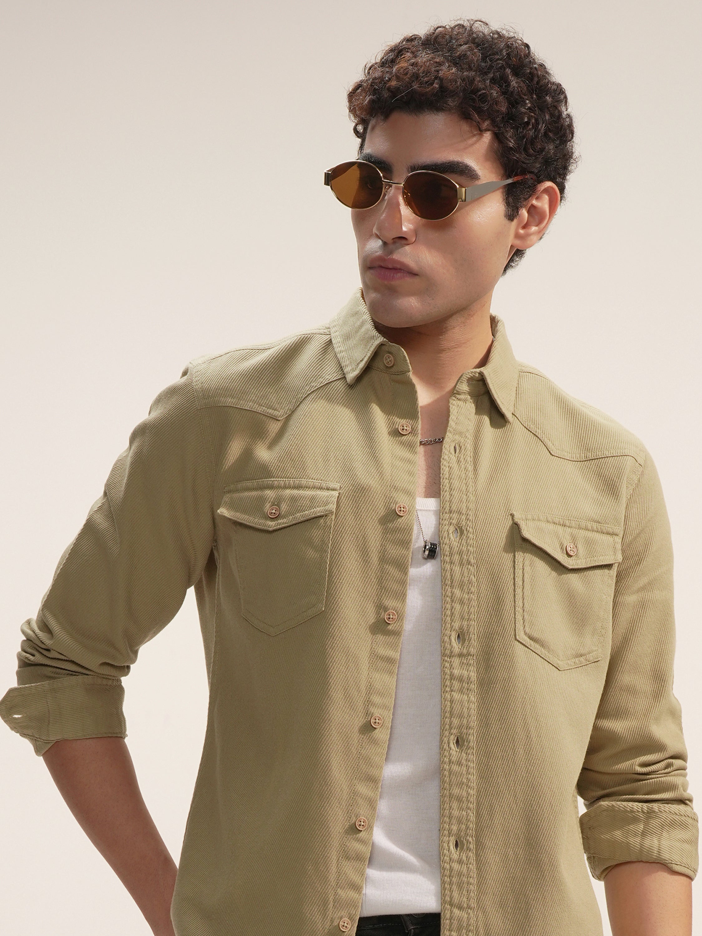 Highlander Men Khaki Self Design Slim Fit Casual Shirt - Khaki - Image 1