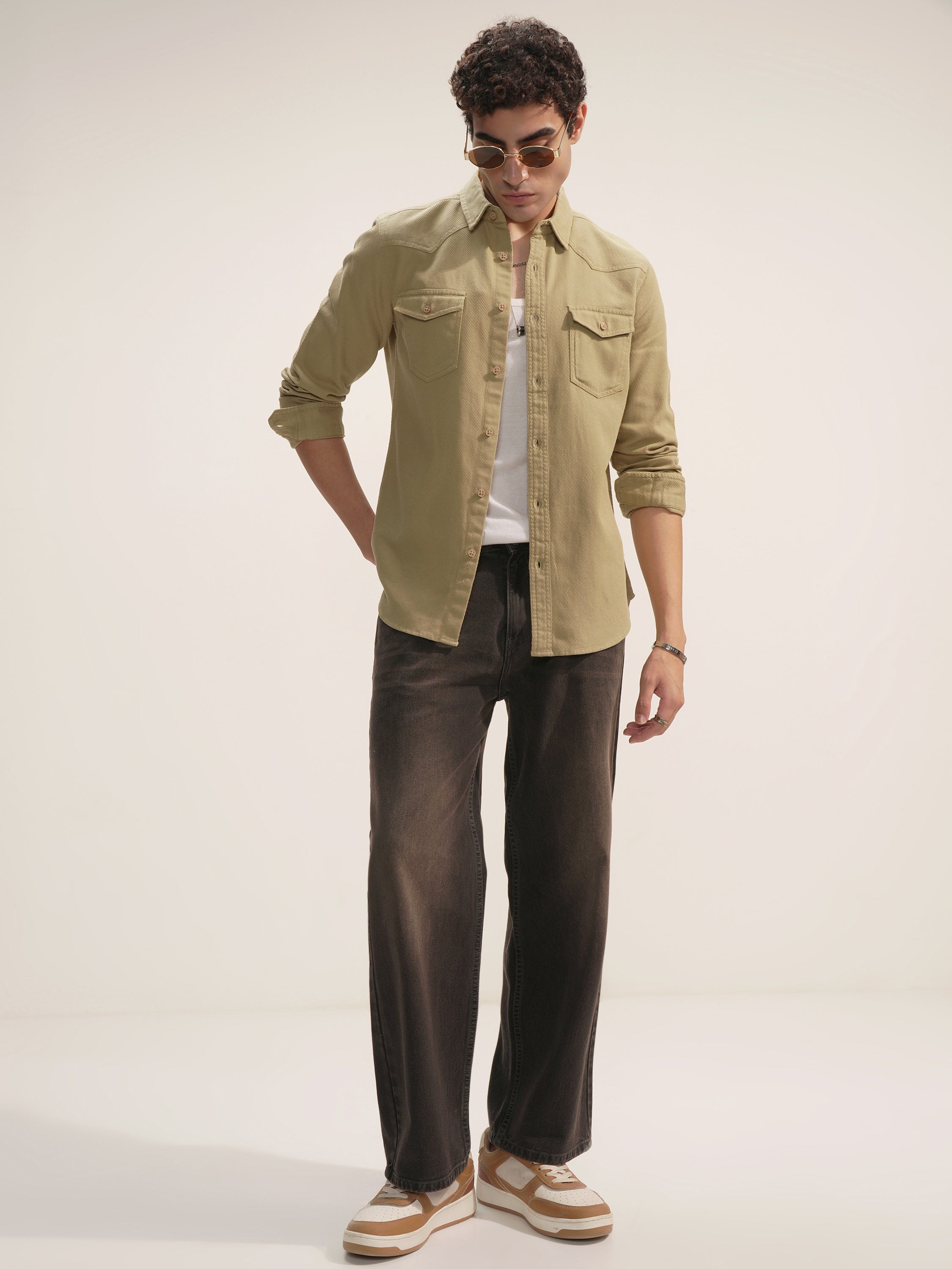 Highlander Men Khaki Self Design Slim Fit Casual Shirt - Khaki - Image 2