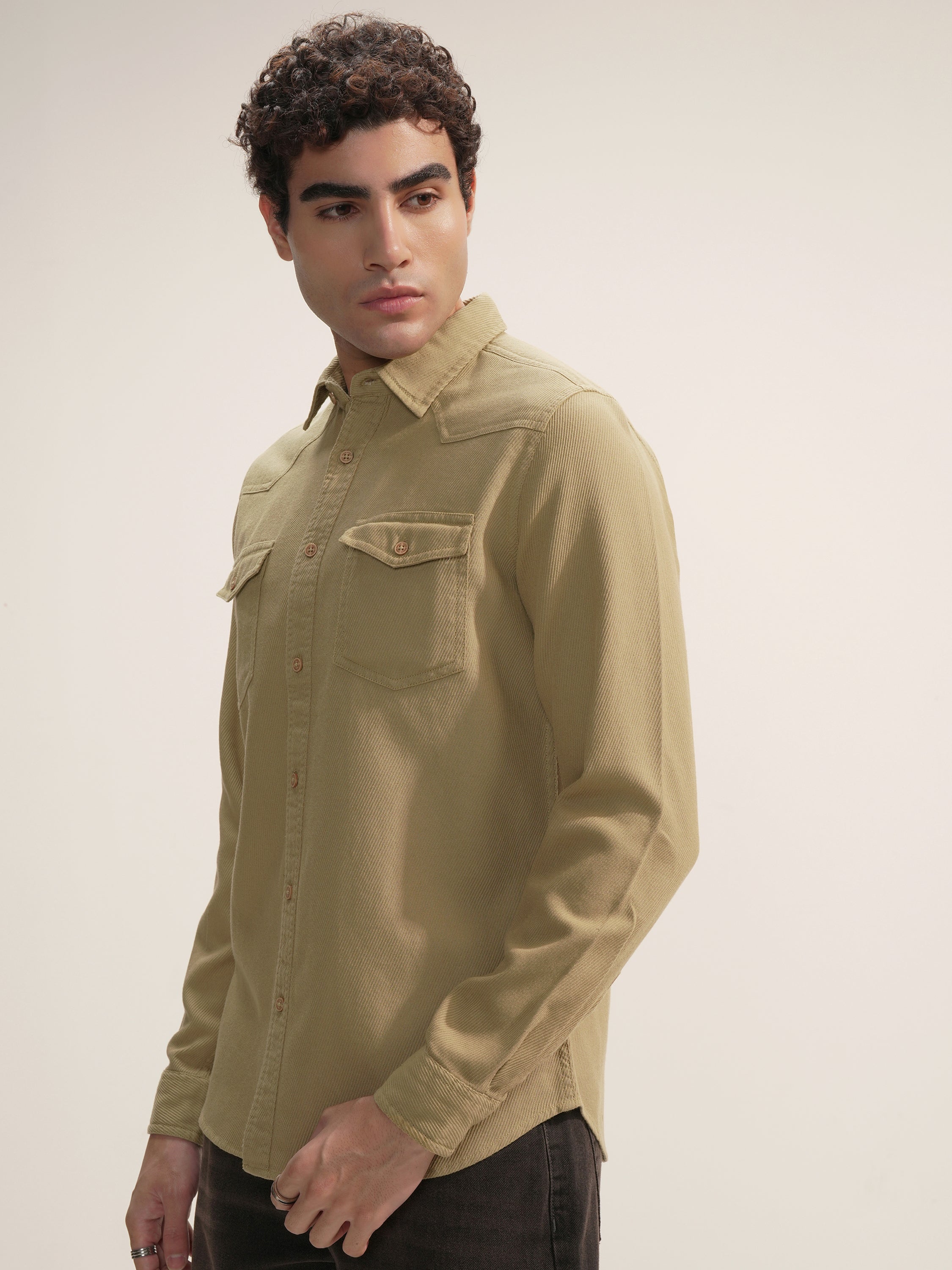 Highlander Men Khaki Self Design Slim Fit Casual Shirt - Khaki - Image 4
