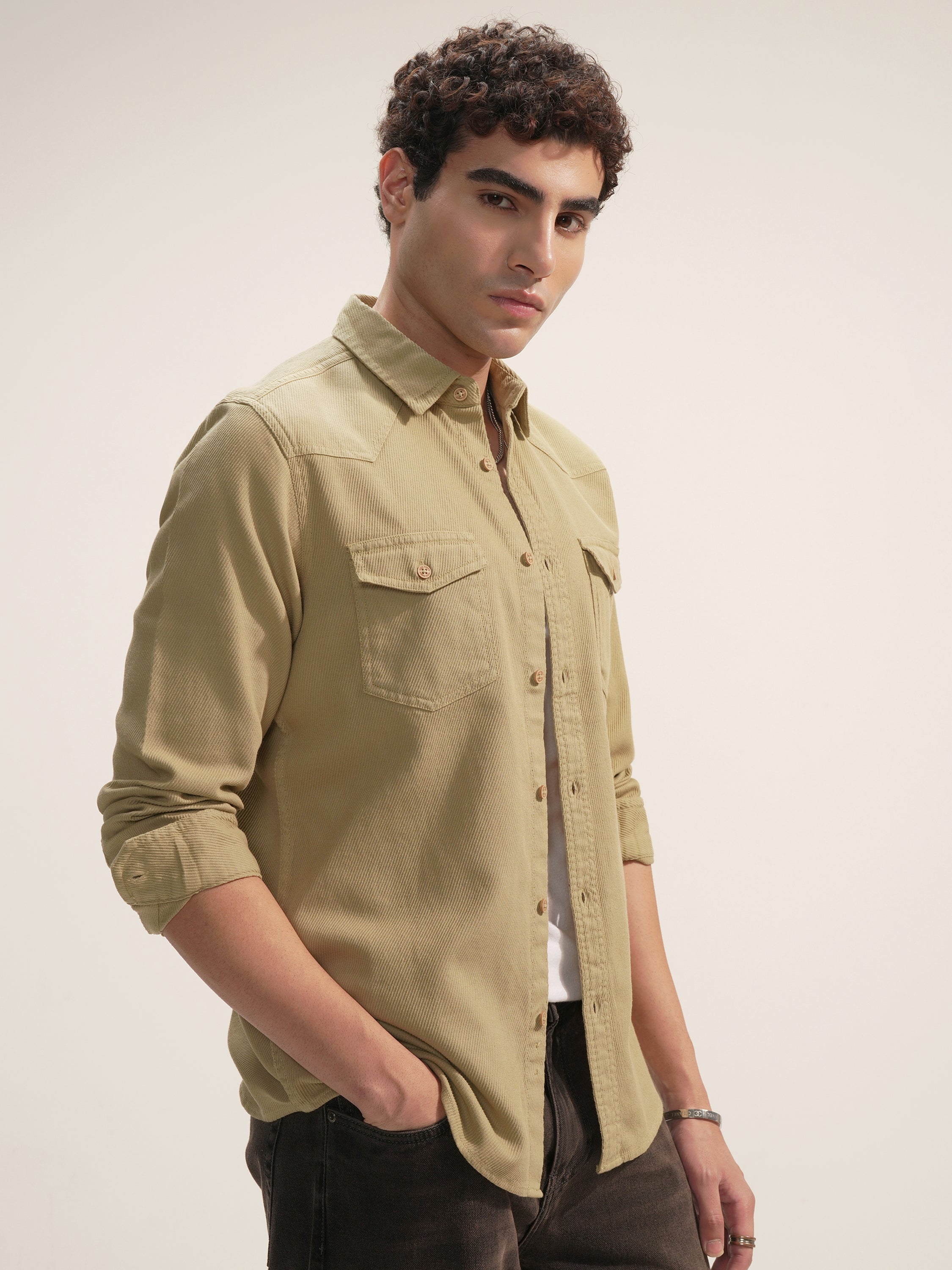 Highlander Men Khaki Self Design Slim Fit Casual Shirt - Khaki - Image 6