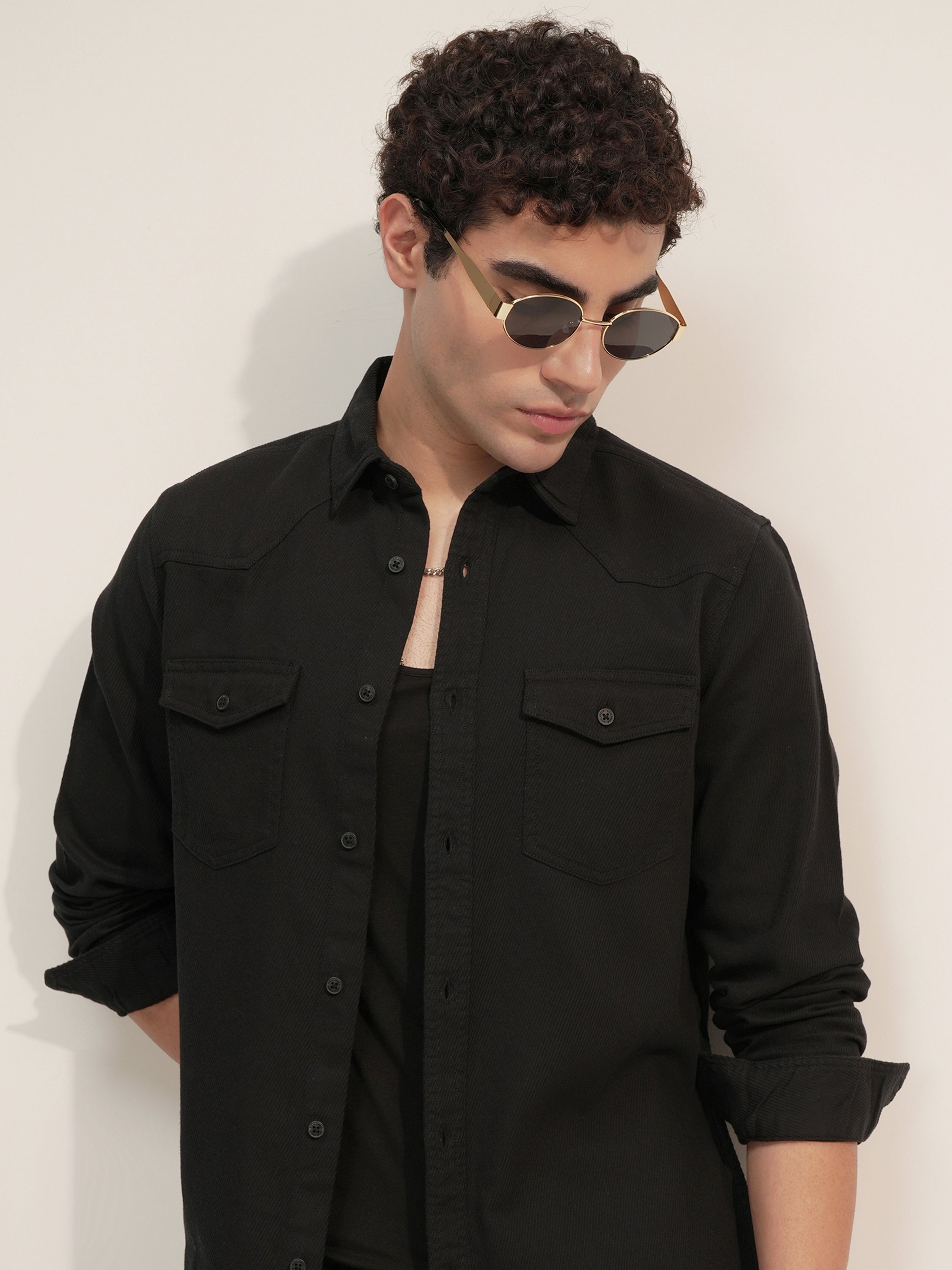 Highlander Men Black Self Design Slim Fit Casual Shirt - Black - Image 1