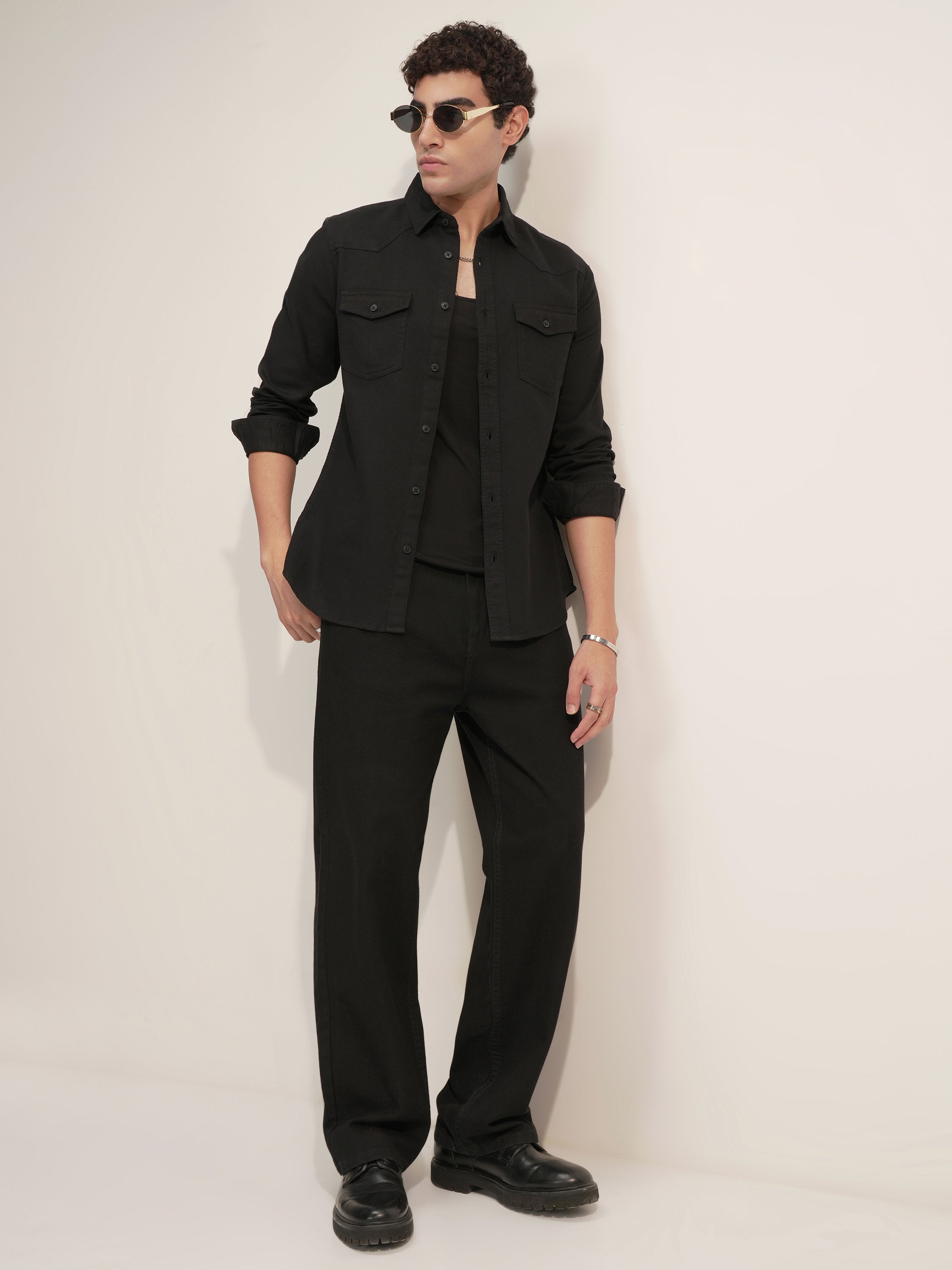 Highlander Men Black Self Design Slim Fit Casual Shirt - Black - Image 2