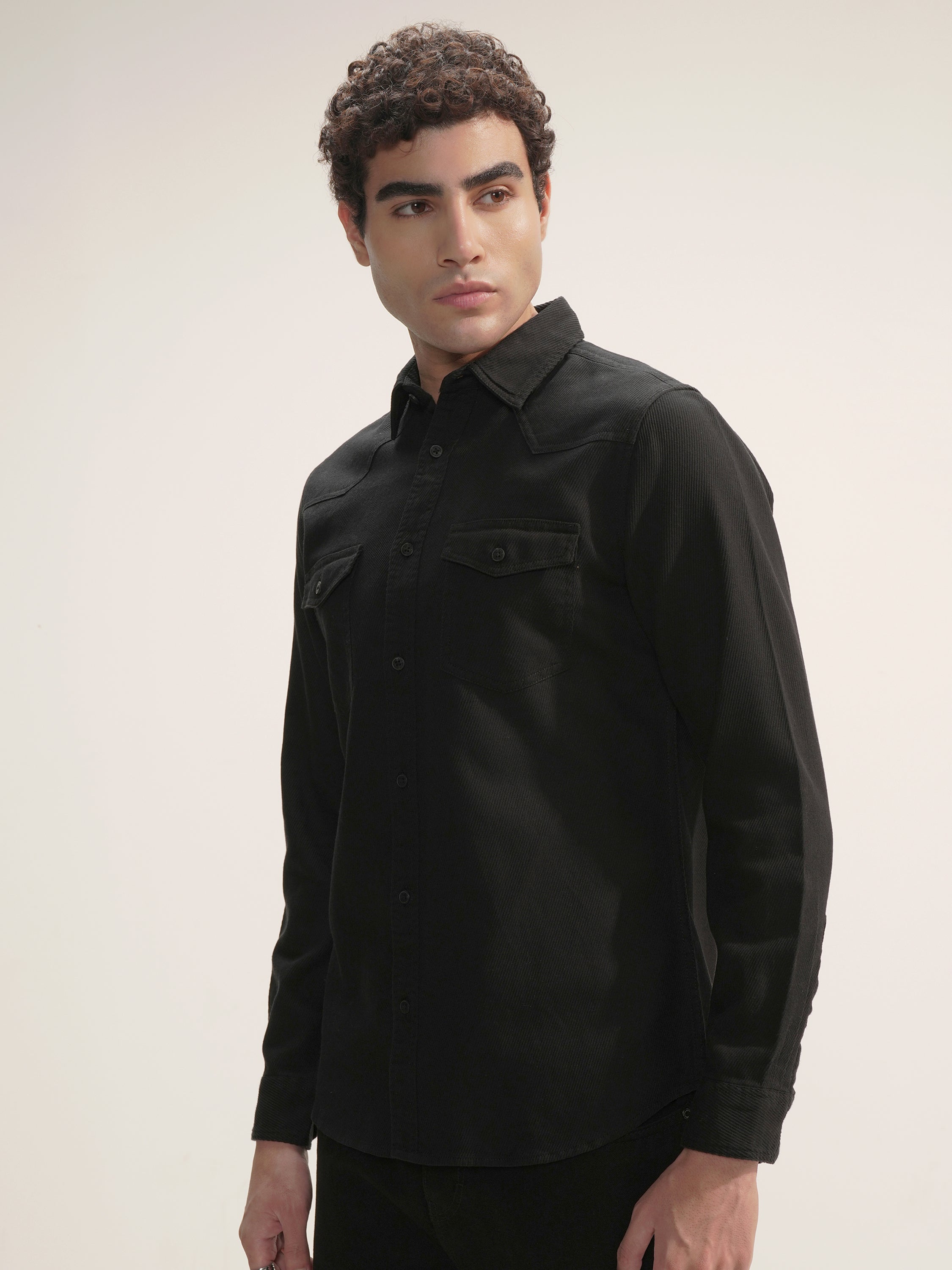 Highlander Men Black Self Design Slim Fit Casual Shirt - Black - Image 4