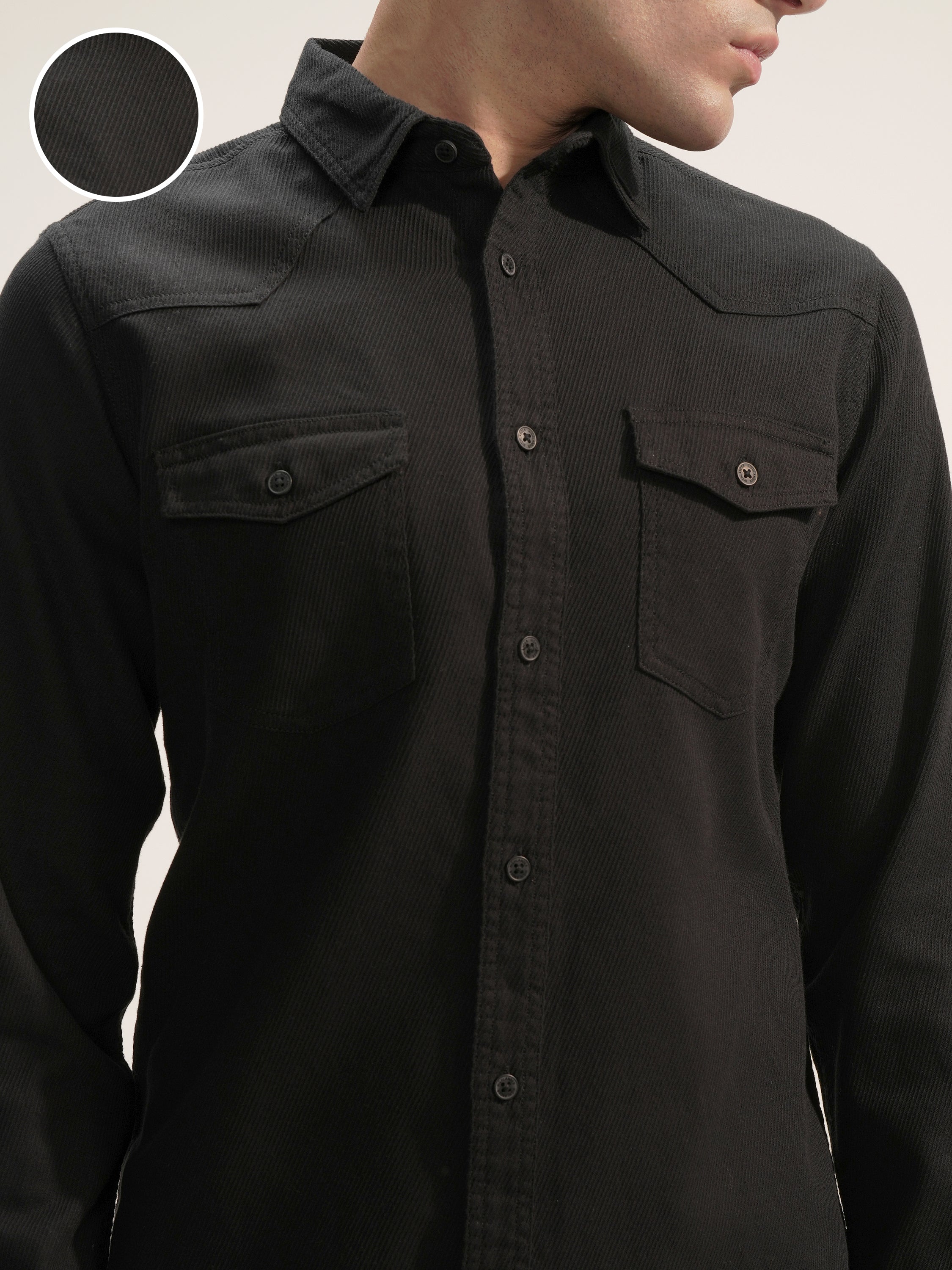 Highlander Men Black Self Design Slim Fit Casual Shirt - Black - Image 5