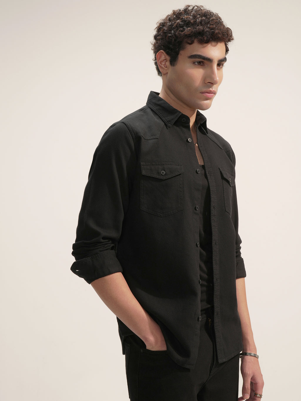 Highlander Men Black Self Design Slim Fit Casual Shirt - Black - Image 6