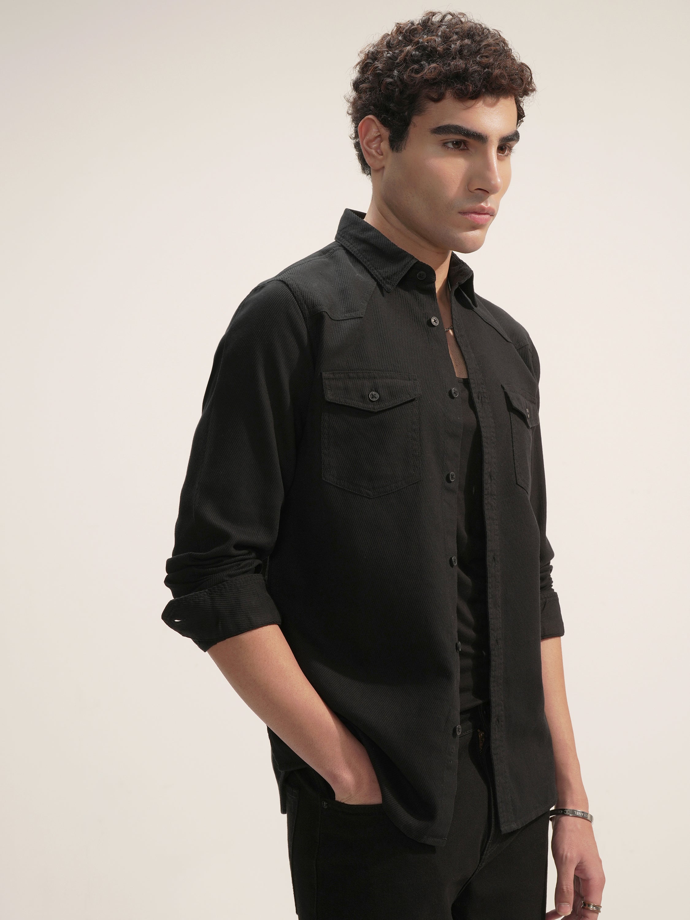 Highlander Men Black Self Design Slim Fit Casual Shirt - Black - Image 6