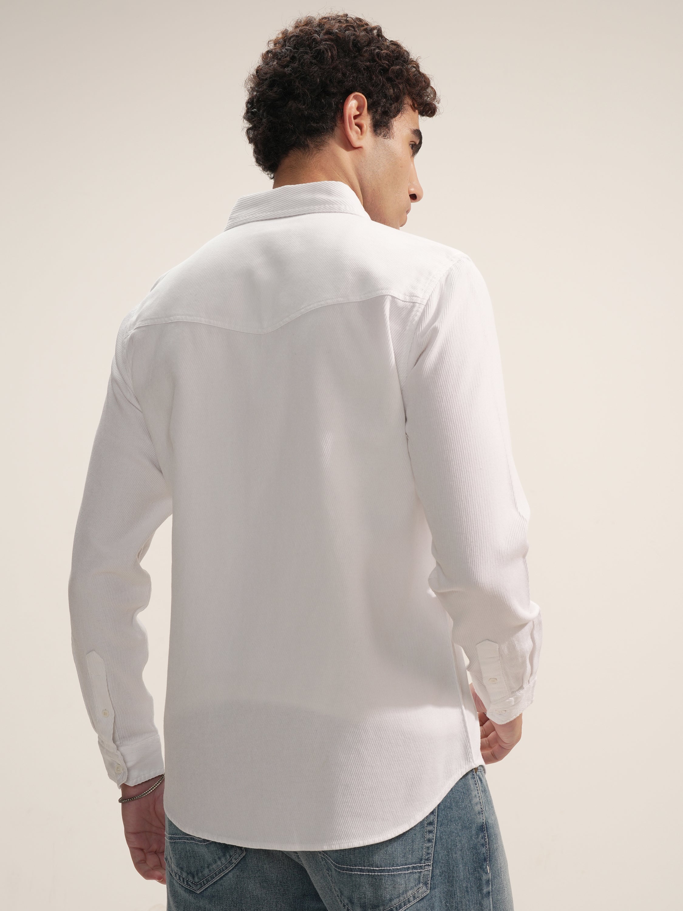 Highlander Men White Self Design Slim Fit Casual Shirt - White - Image 3