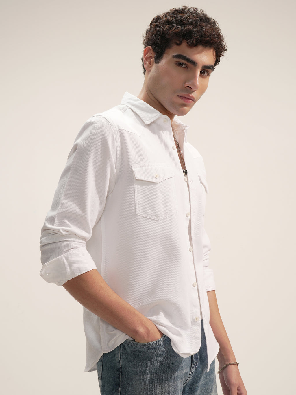 Highlander Men White Self Design Slim Fit Casual Shirt - White - Image 6