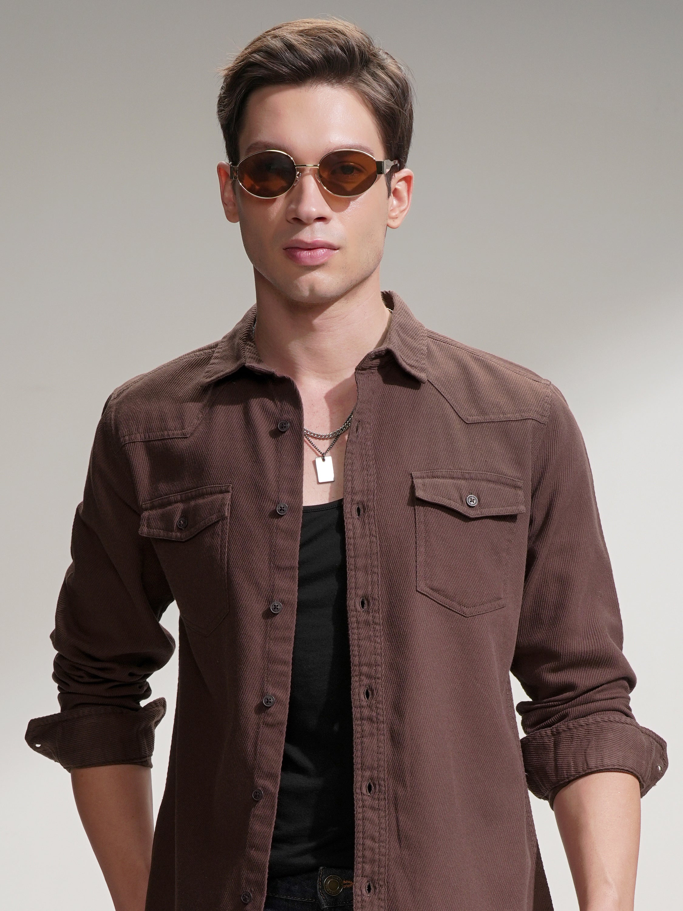 Highlander Men Brown Self Design Slim Fit Casual Shirt - Brown - Image 1