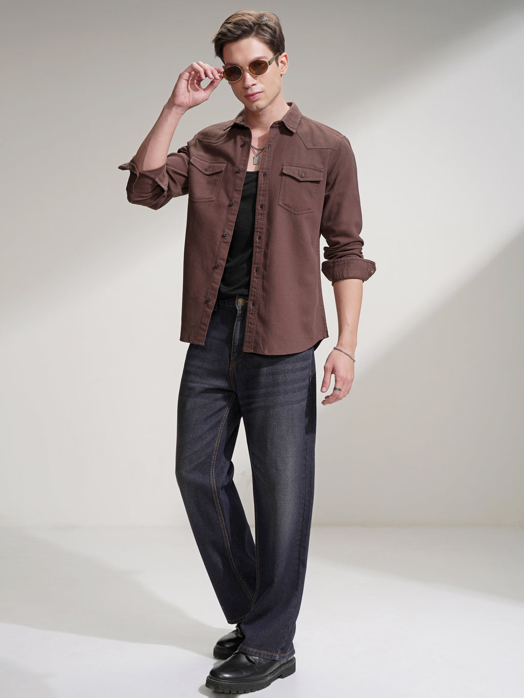Highlander Men Brown Self Design Slim Fit Casual Shirt - Brown - Image 2