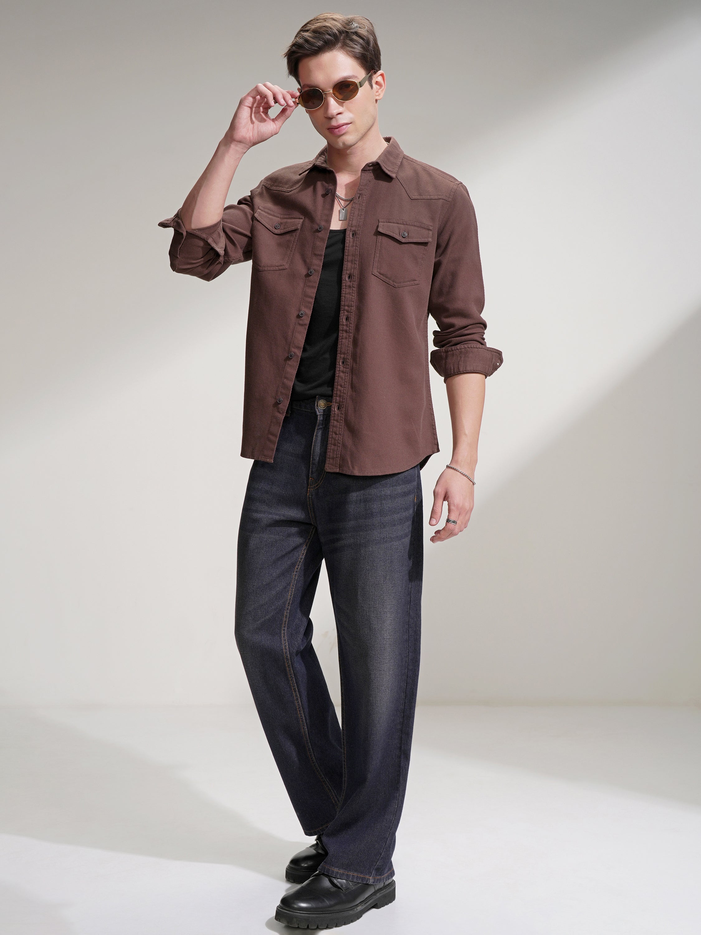 Highlander Men Brown Self Design Slim Fit Casual Shirt - Brown - Image 2