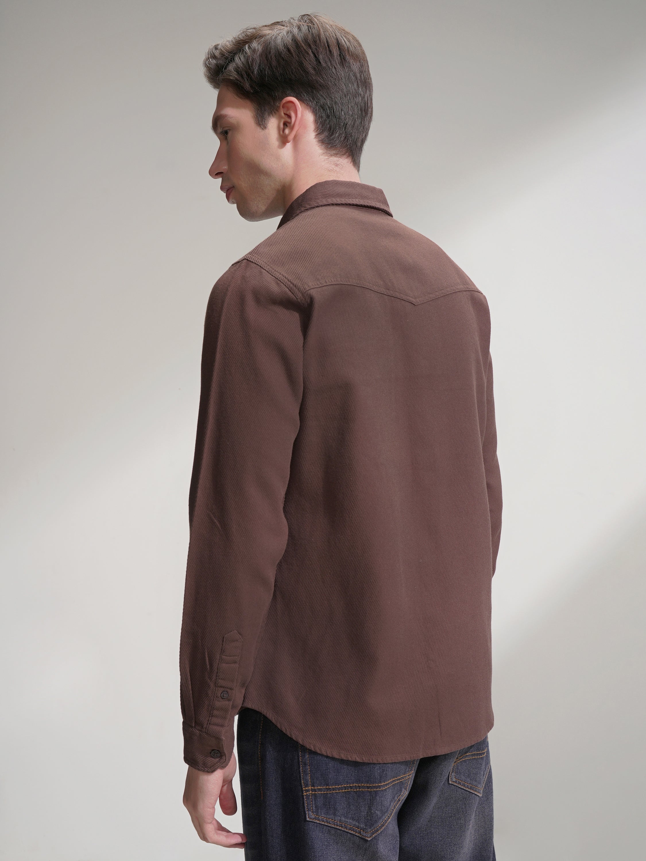 Highlander Men Brown Self Design Slim Fit Casual Shirt - Brown - Image 3