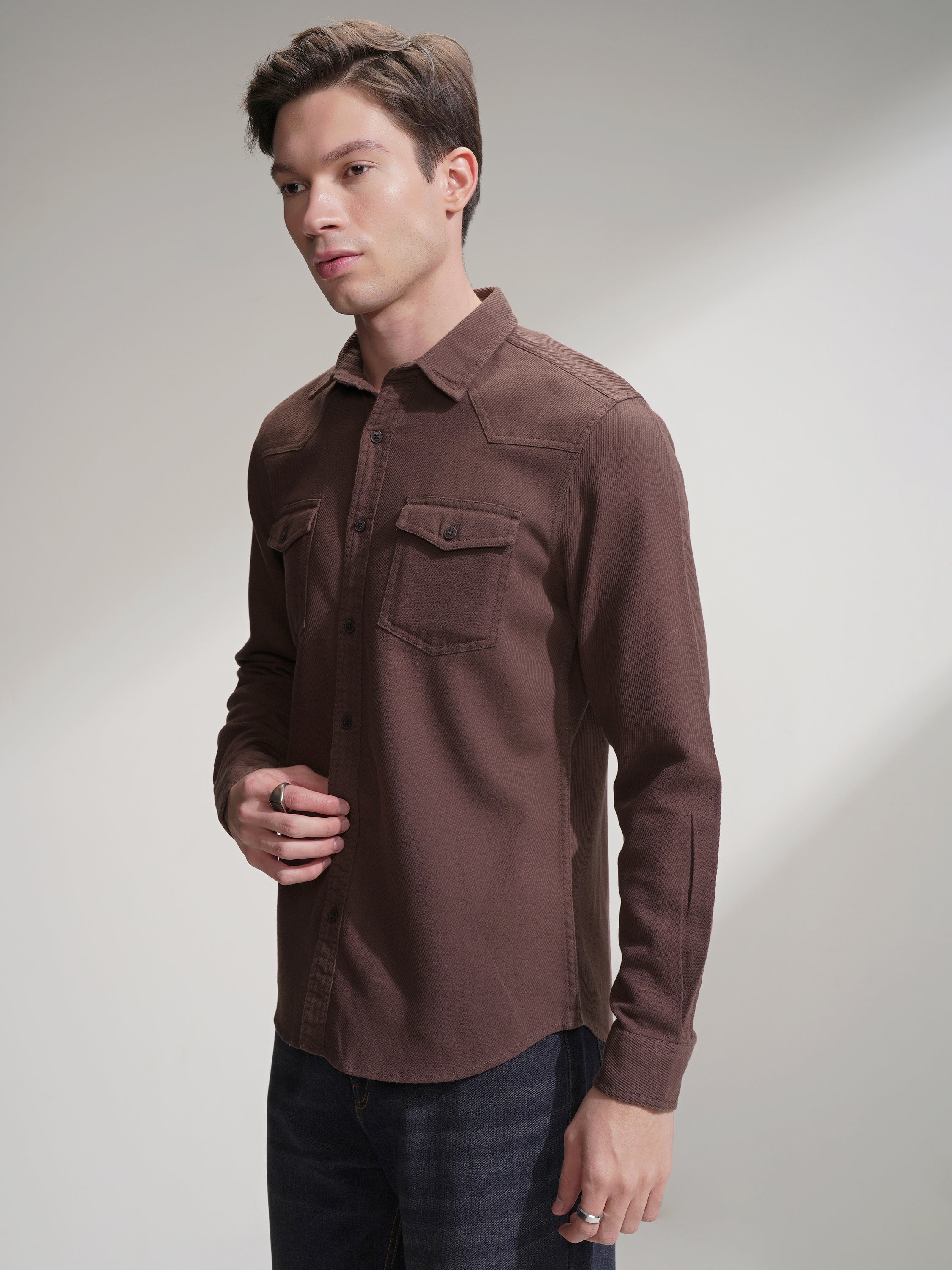 Highlander Men Brown Self Design Slim Fit Casual Shirt - Brown - Image 4