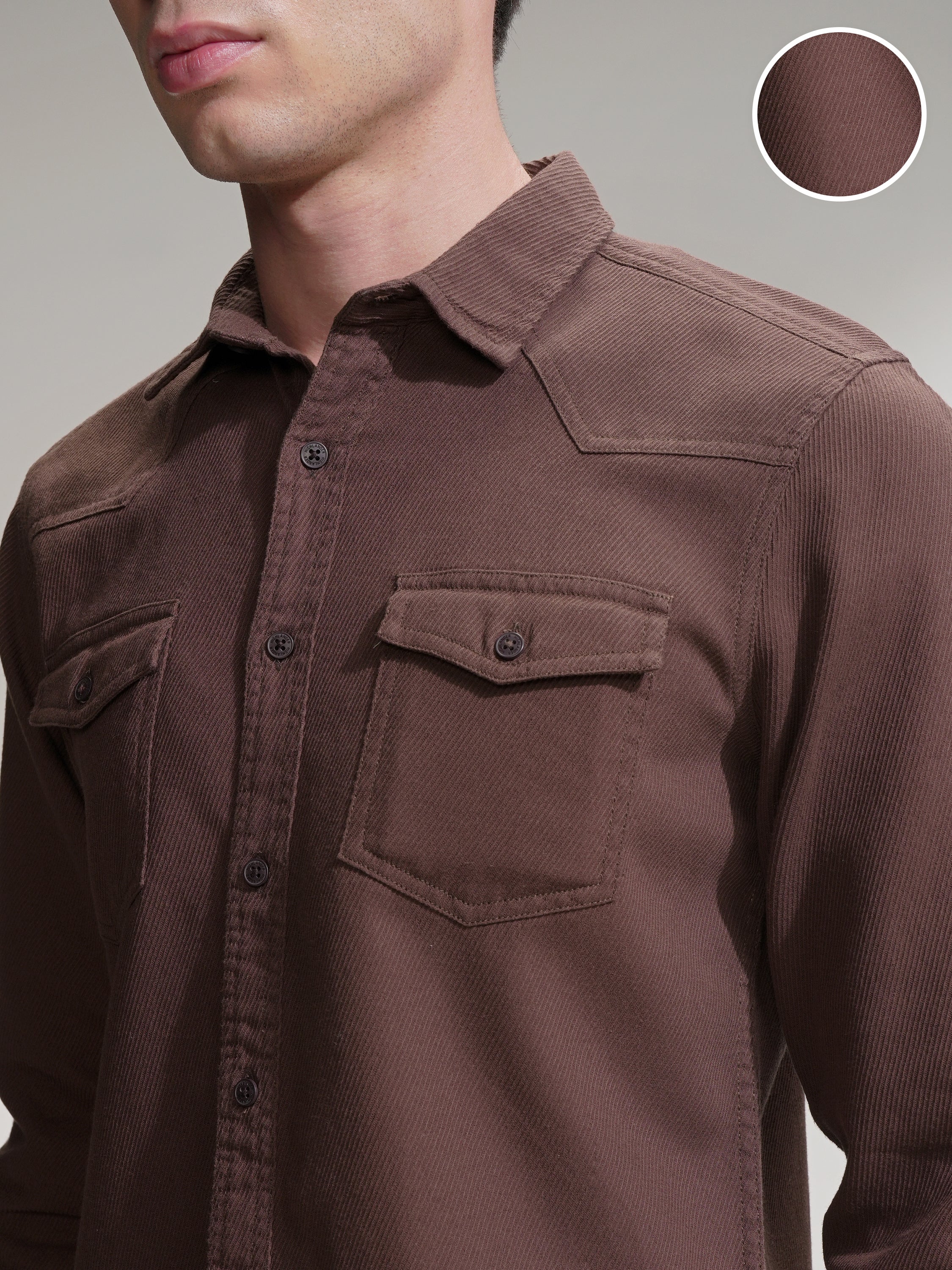Highlander Men Brown Self Design Slim Fit Casual Shirt - Brown - Image 5