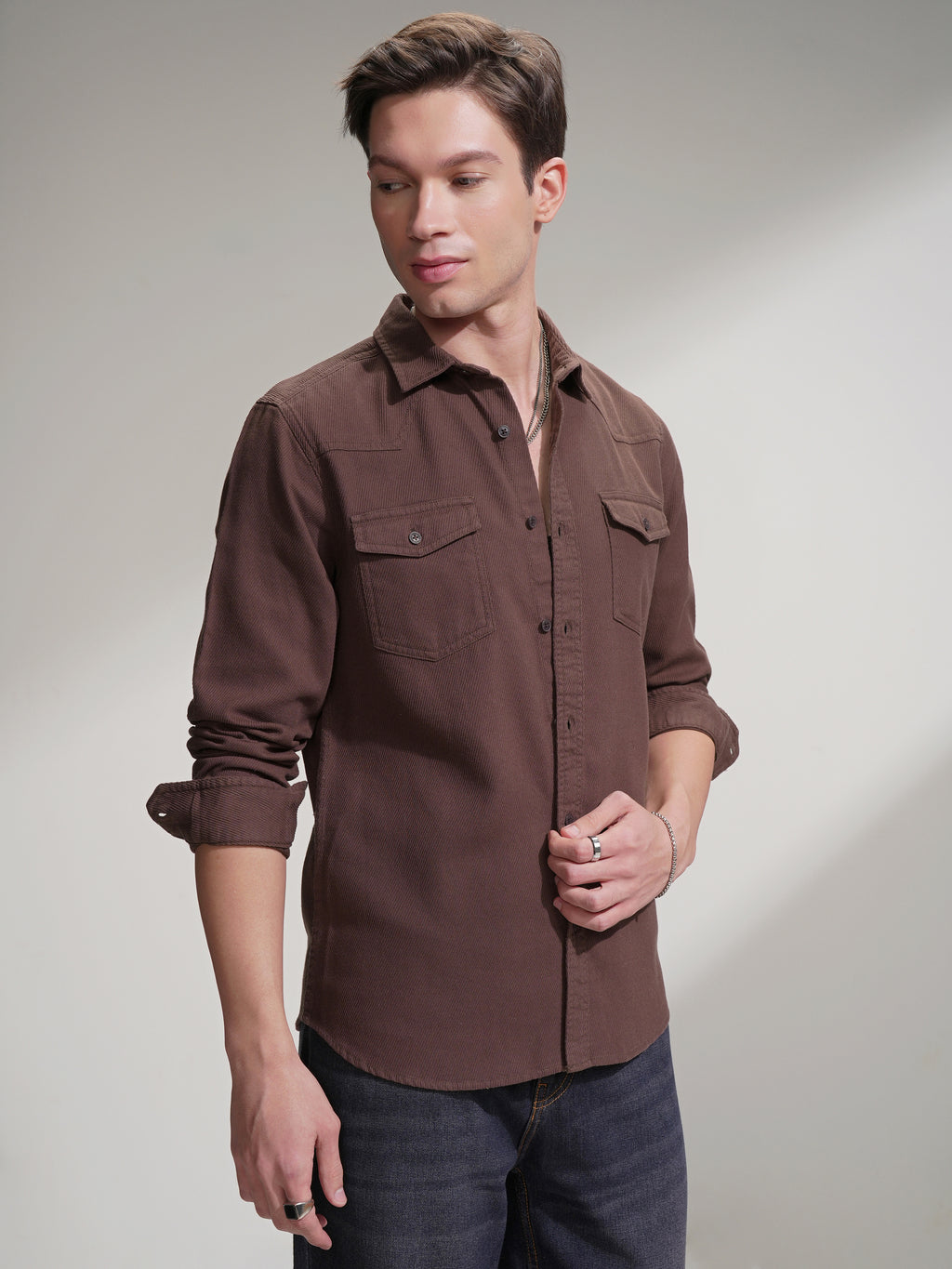 Highlander Men Brown Self Design Slim Fit Casual Shirt - Brown - Image 6