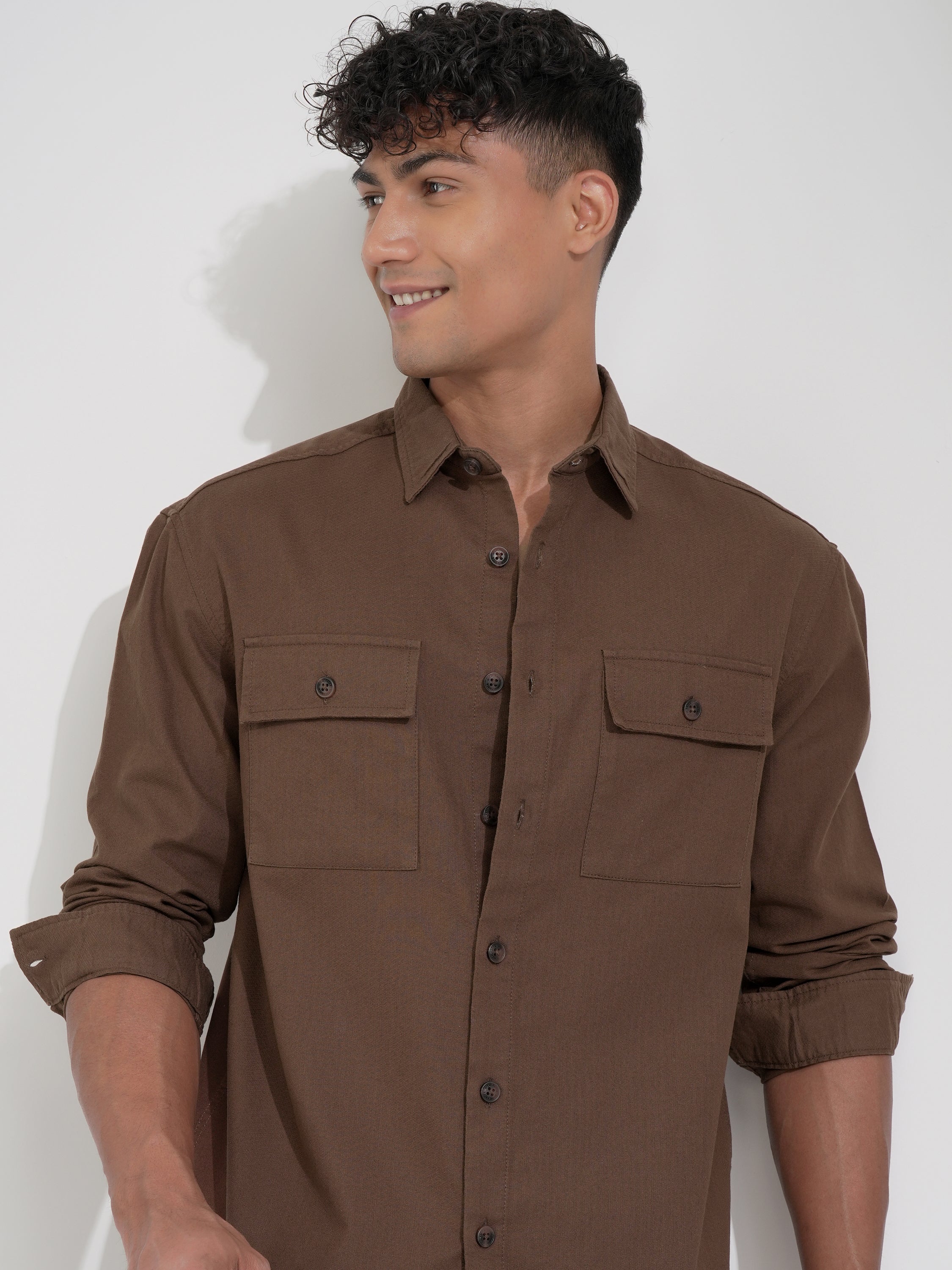 Highlander Men Brown Solid Relaxed Fit Casual Shirt - Brown - Image 1