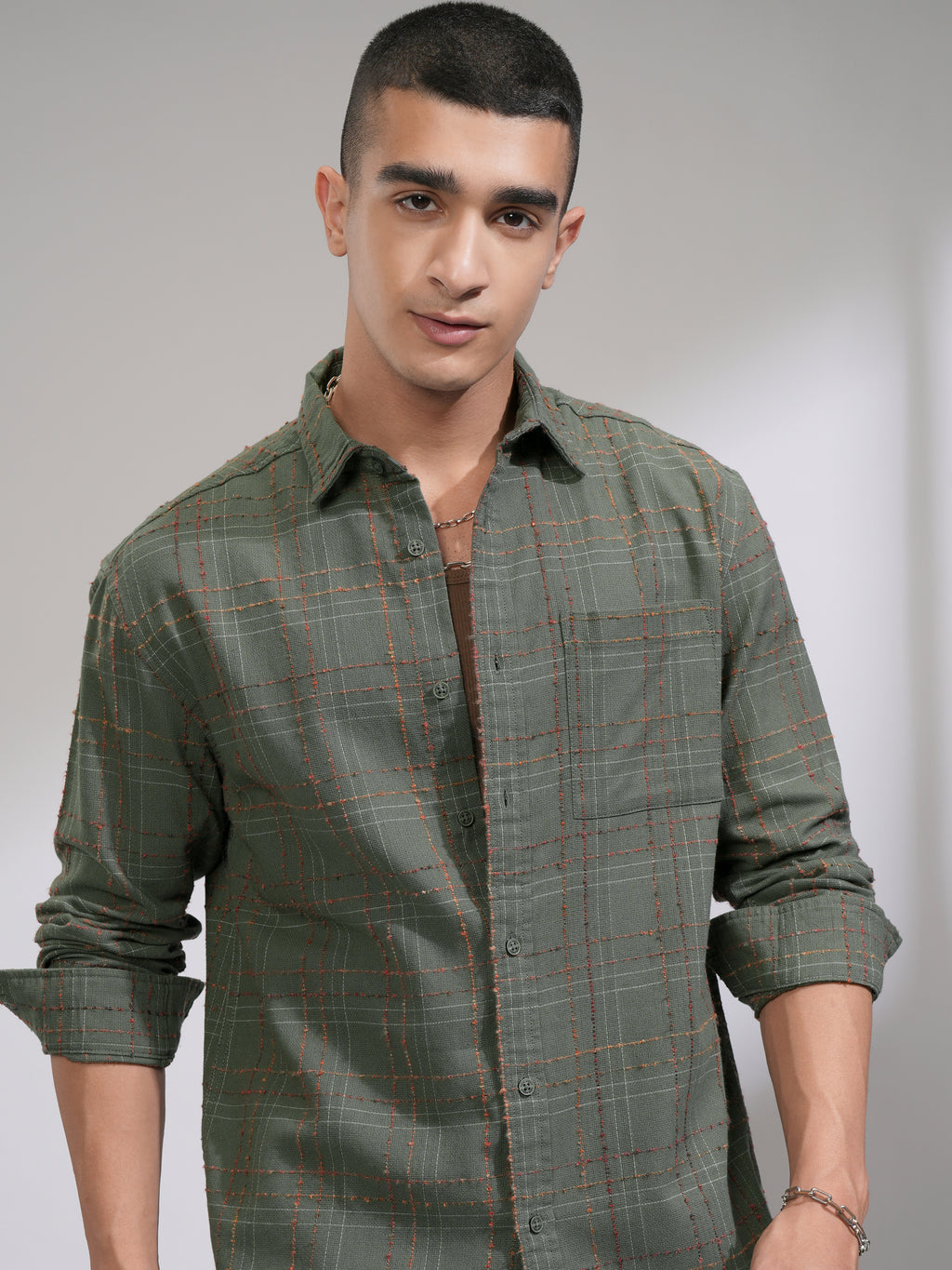 Highlander Men Olive Checked Relaxed Fit Casual Shirt - Olive - Image 1