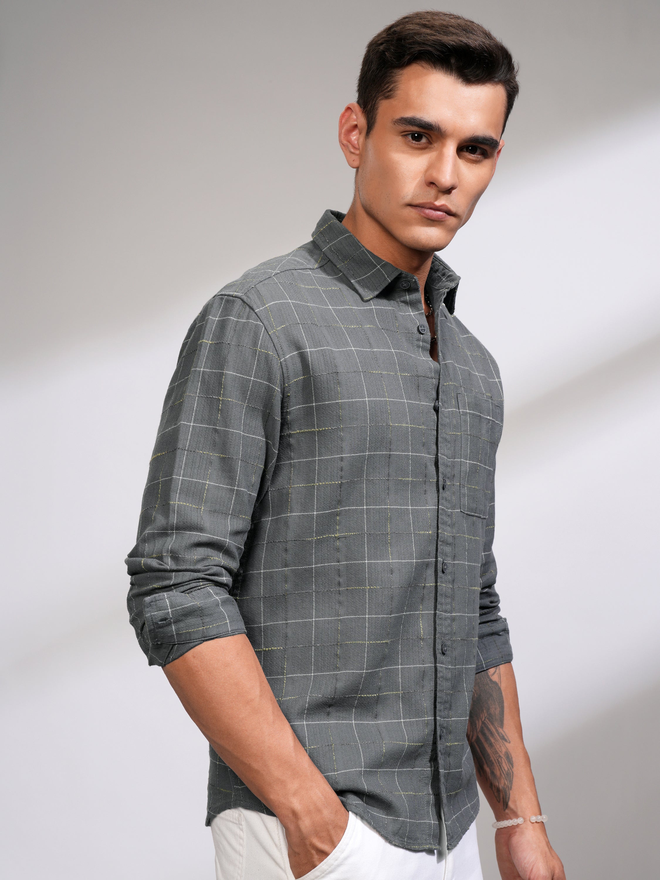 Highlander Men Grey Checked Relaxed Fit Casual Shirt - Grey - Image 6
