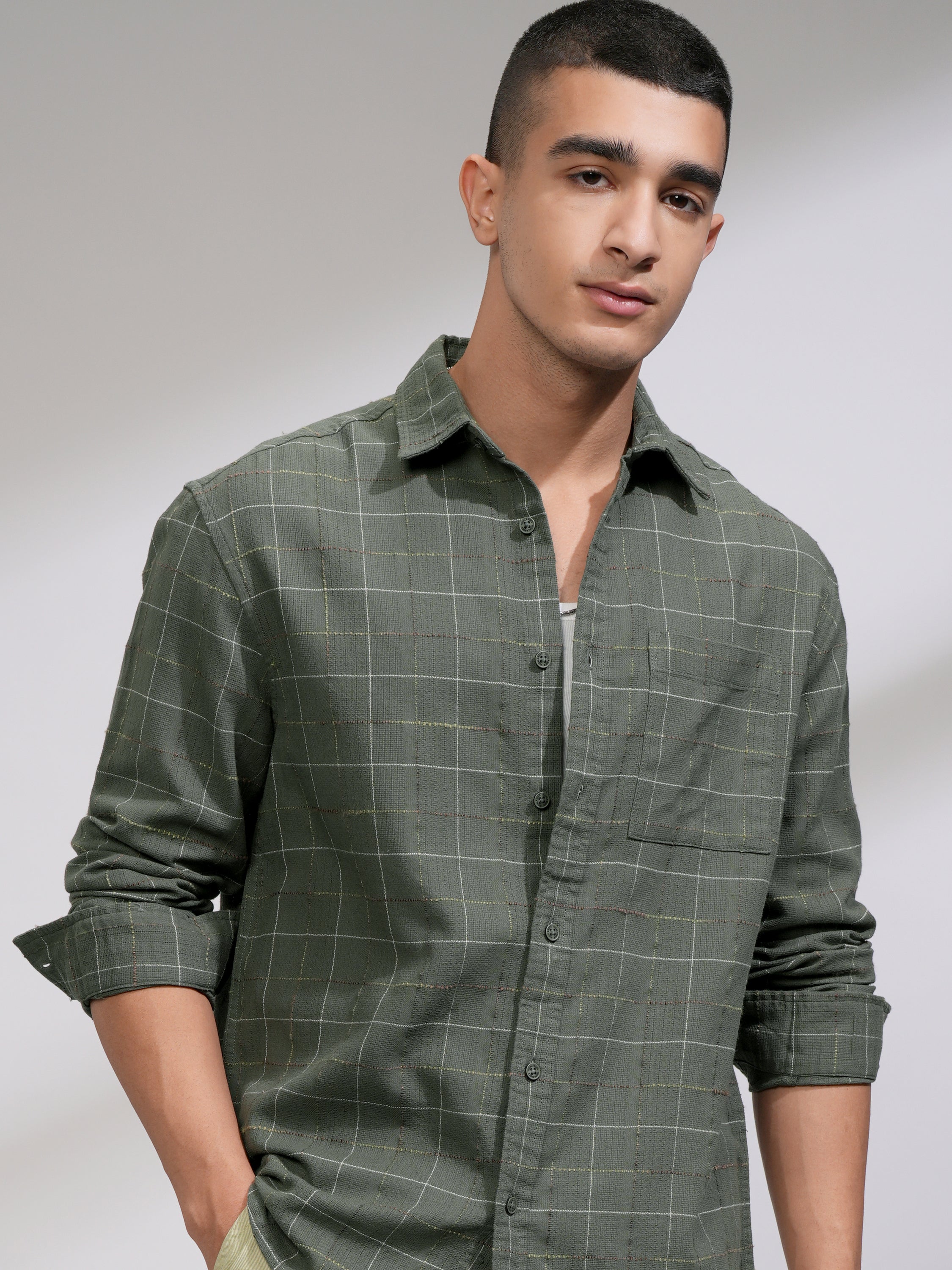Highlander Men Olive Checked Relaxed Fit Casual Shirt - Olive - Image 1