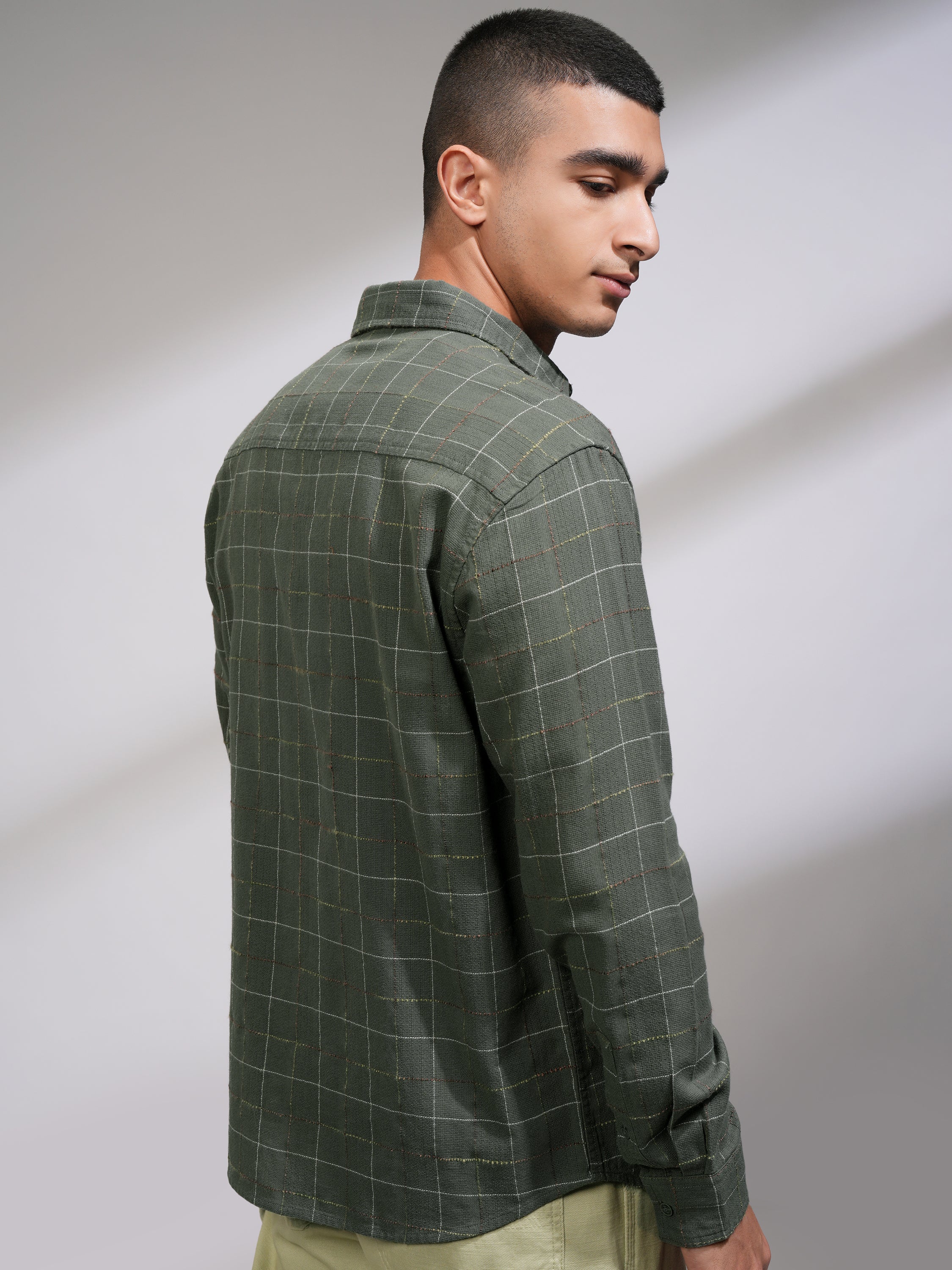 Highlander Men Olive Checked Relaxed Fit Casual Shirt - Olive - Image 3