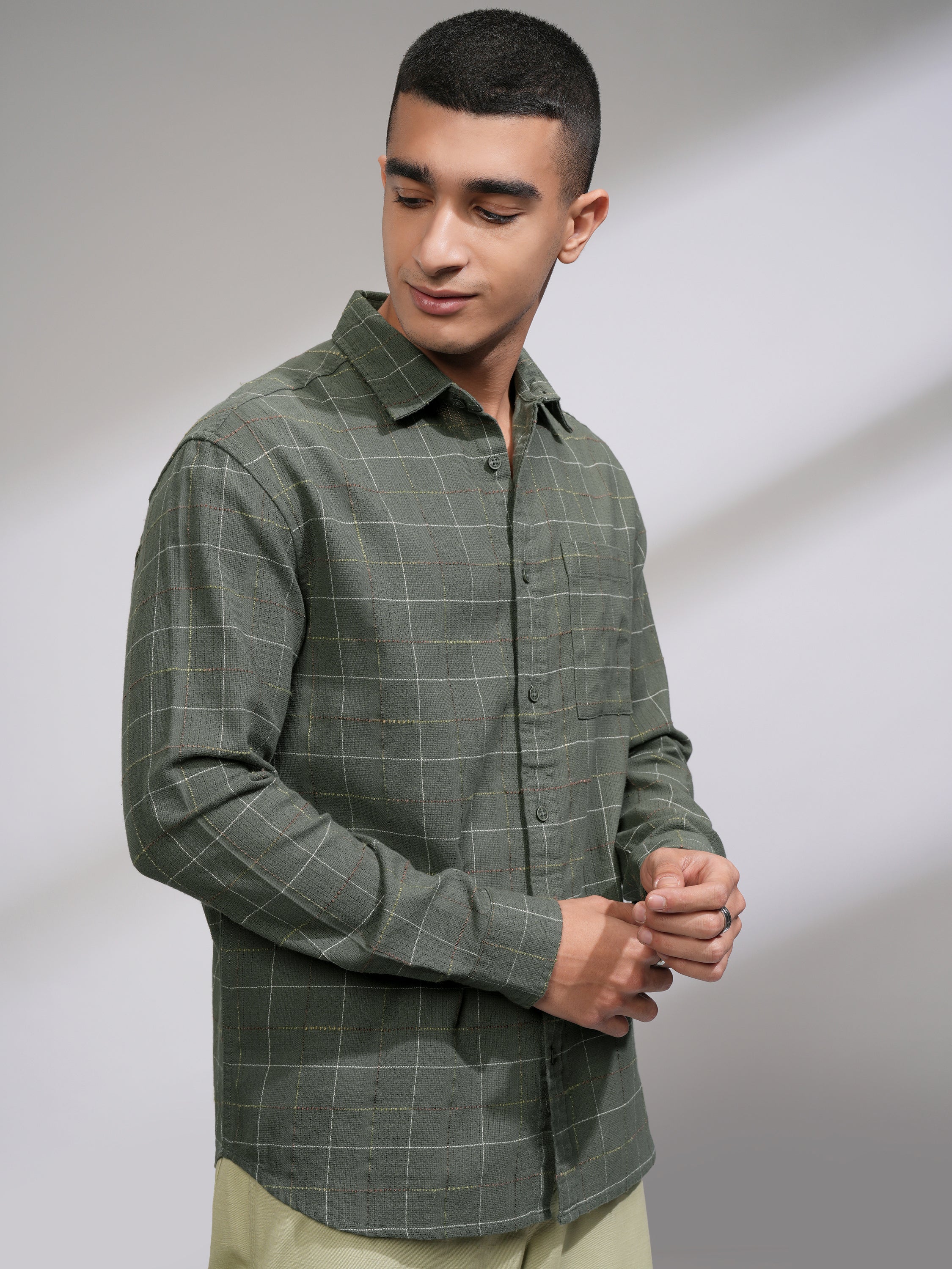 Highlander Men Olive Checked Relaxed Fit Casual Shirt - Olive - Image 6