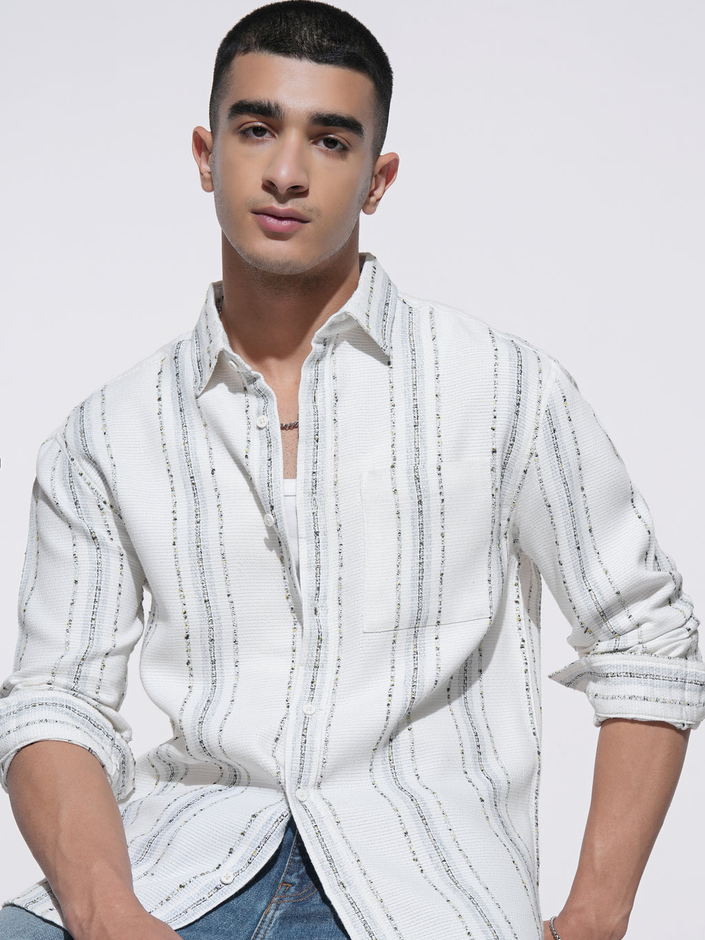 Highlander Men Cream Striped Relaxed Fit Casual Shirt - Cream - Image 1