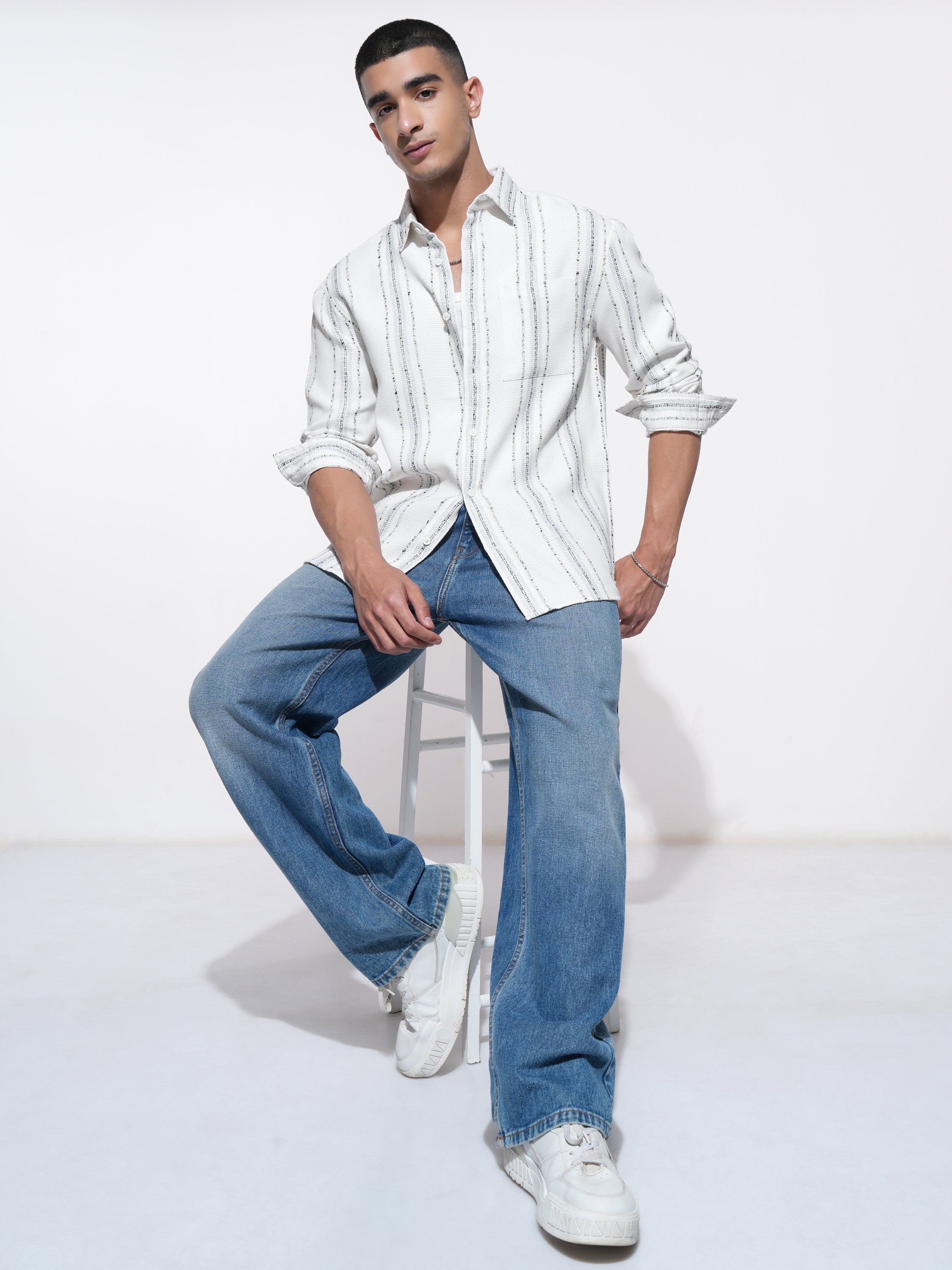 Highlander Men Cream Striped Relaxed Fit Casual Shirt - Cream - Image 2