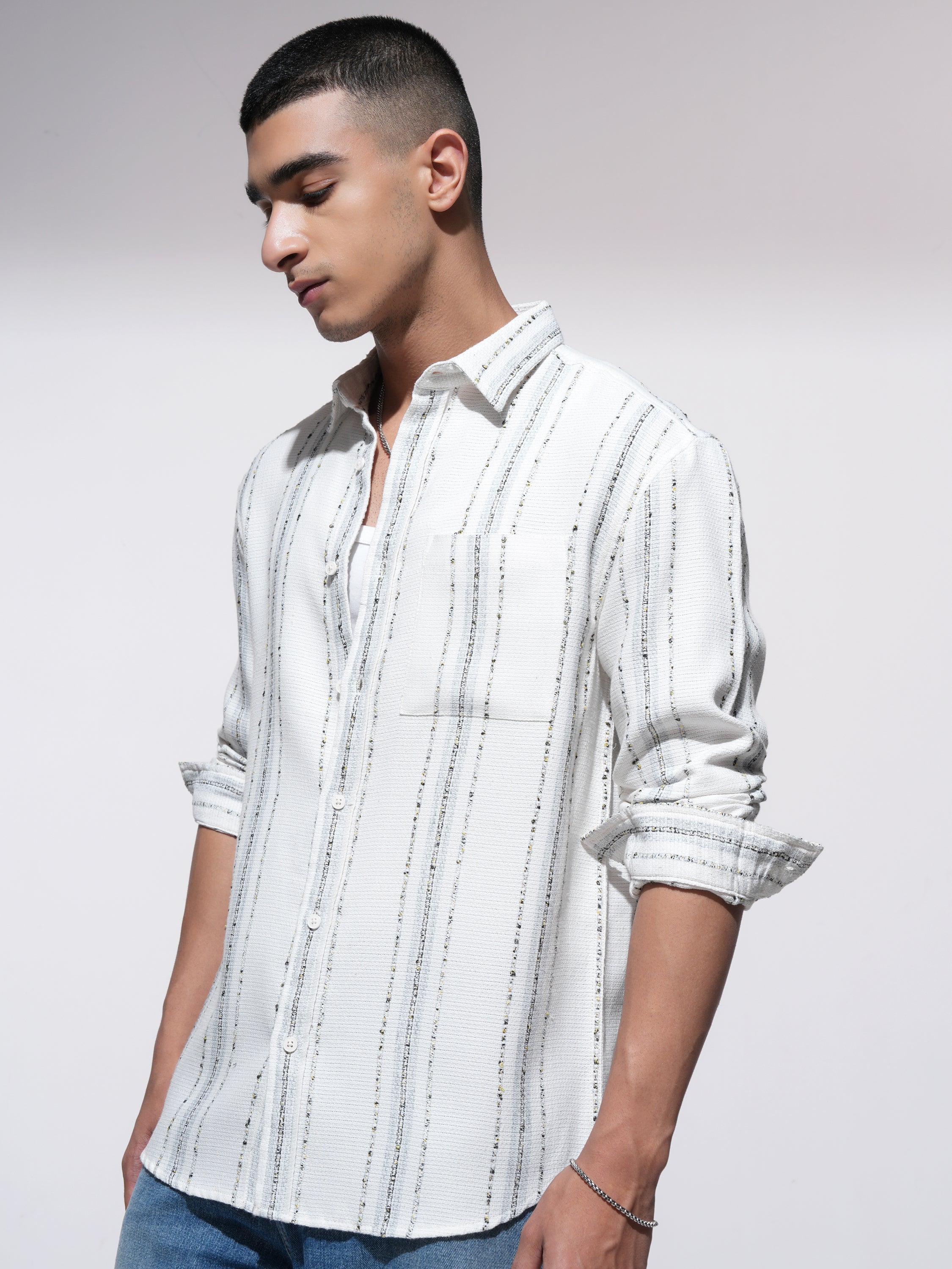 Highlander Men Cream Striped Relaxed Fit Casual Shirt - Cream - Image 4