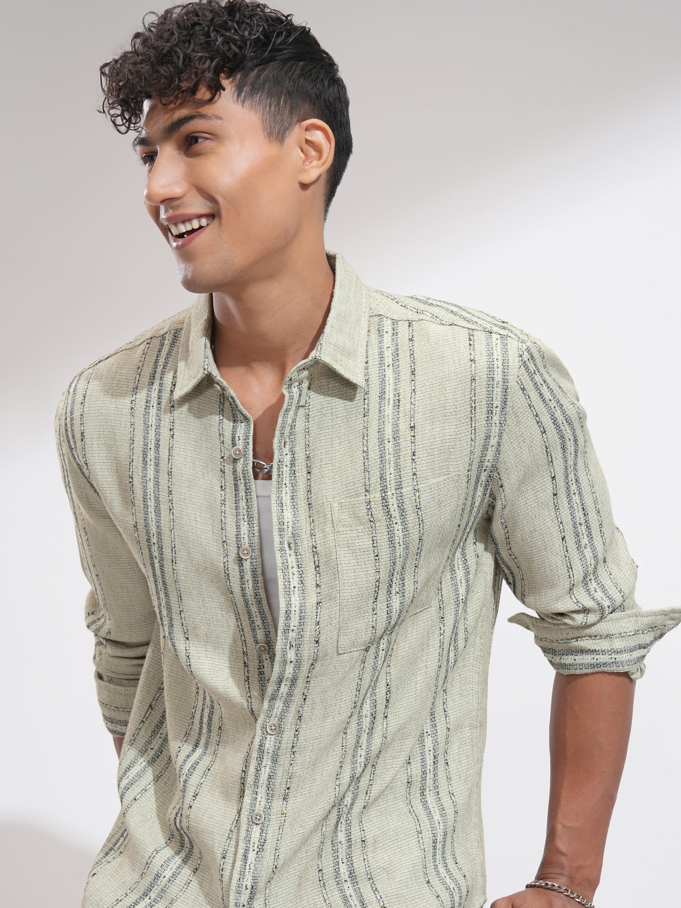 Highlander Men Olive Striped Relaxed Fit Casual Shirt - Olive - Image 1