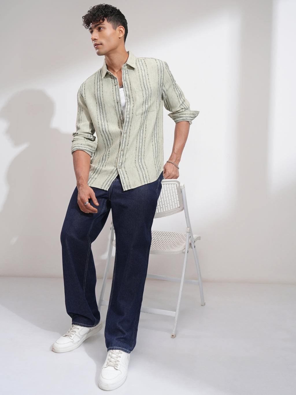 Highlander Men Olive Striped Relaxed Fit Casual Shirt - Olive - Image 2