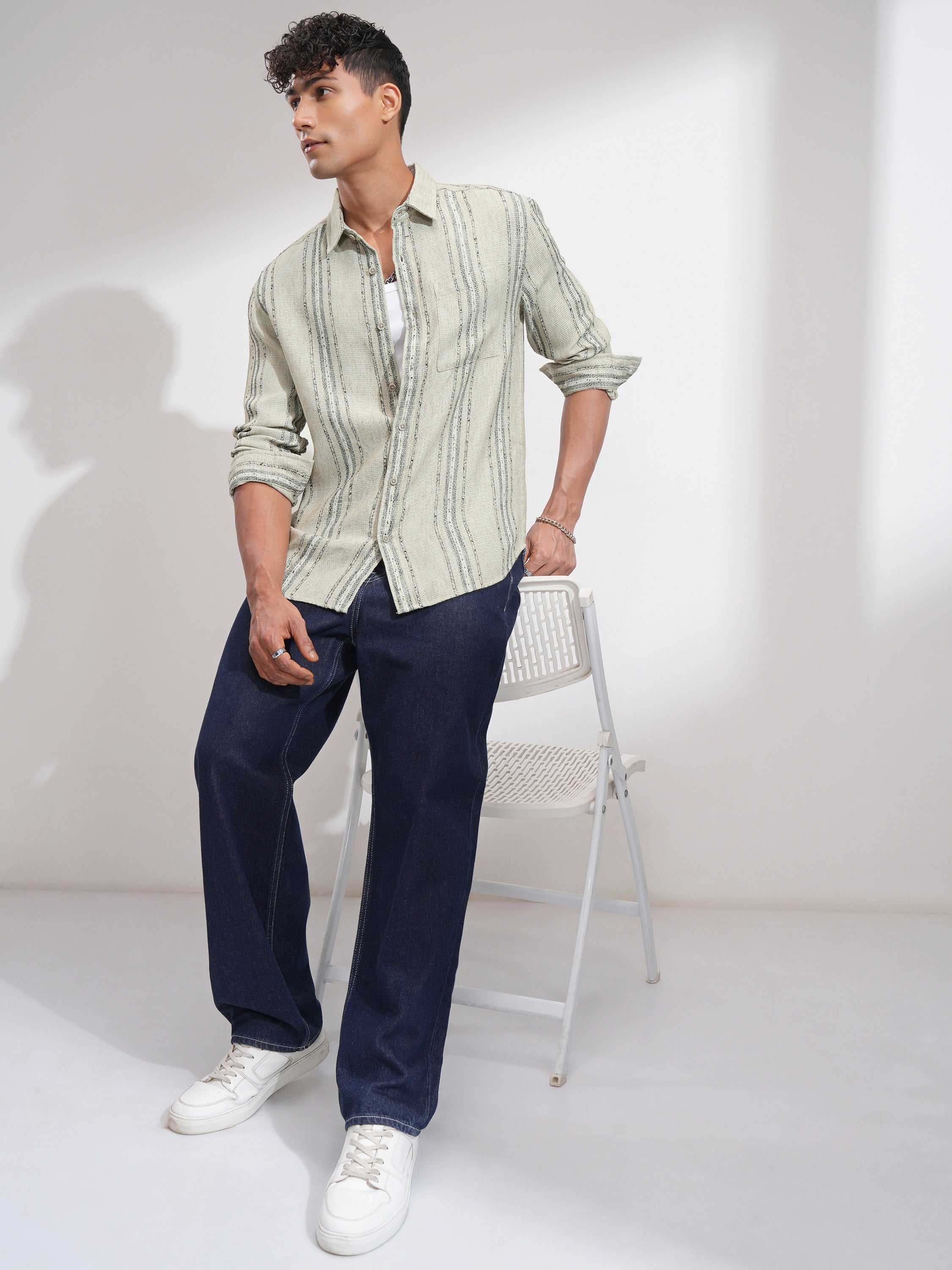 Highlander Men Olive Striped Relaxed Fit Casual Shirt - Olive - Image 2