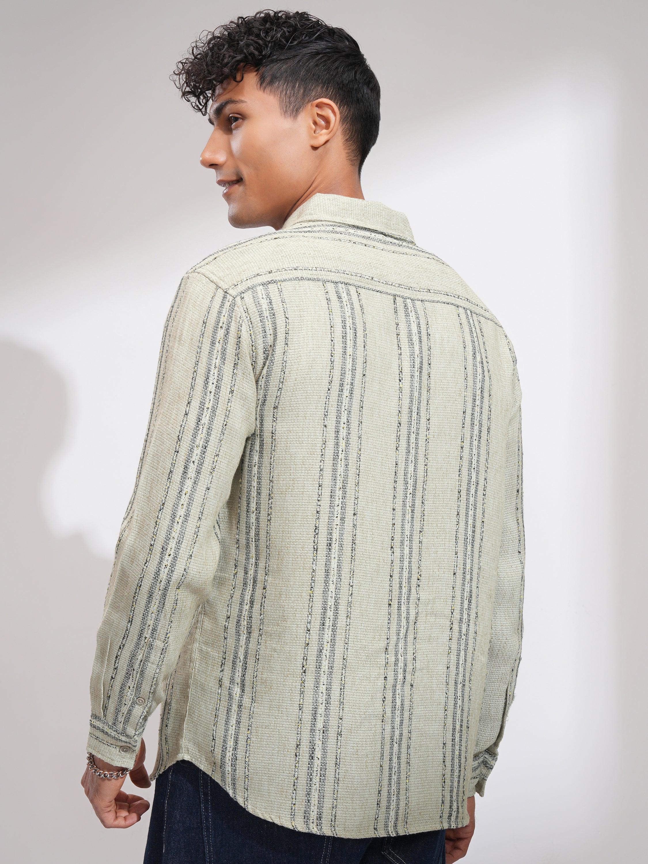 Highlander Men Olive Striped Relaxed Fit Casual Shirt - Olive - Image 3