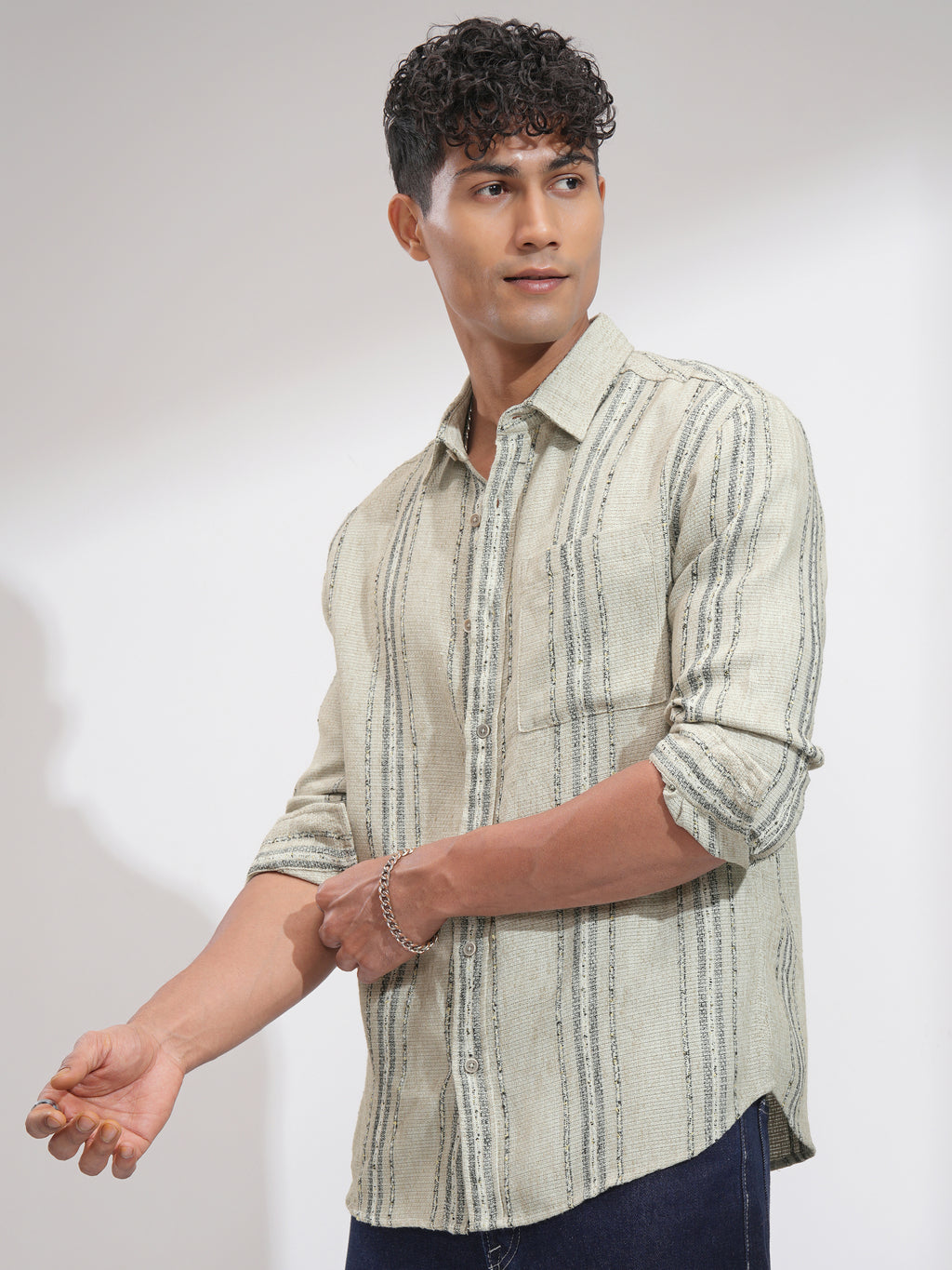 Highlander Men Olive Striped Relaxed Fit Casual Shirt - Olive - Image 4