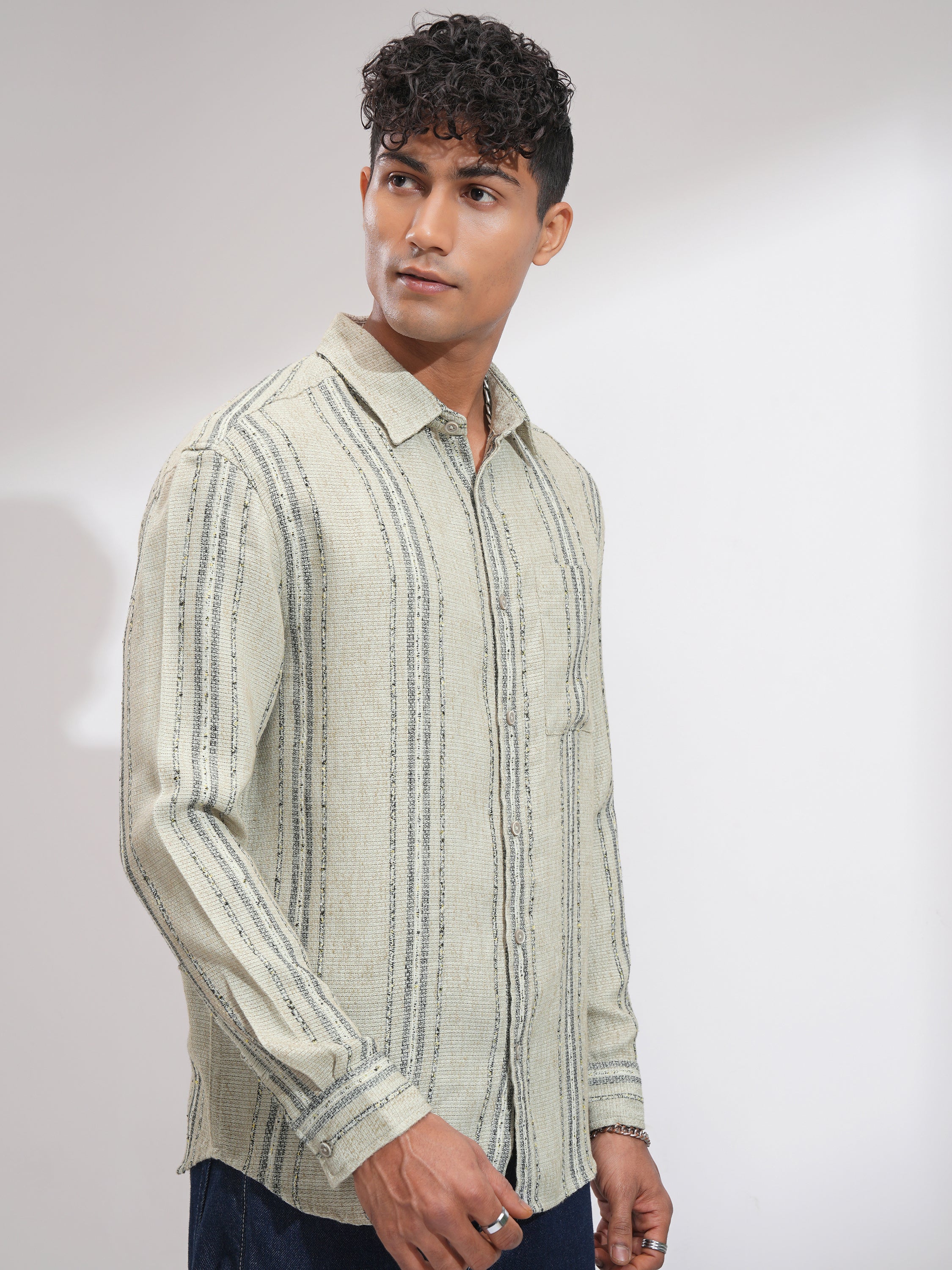 Highlander Men Olive Striped Relaxed Fit Casual Shirt - Olive - Image 6