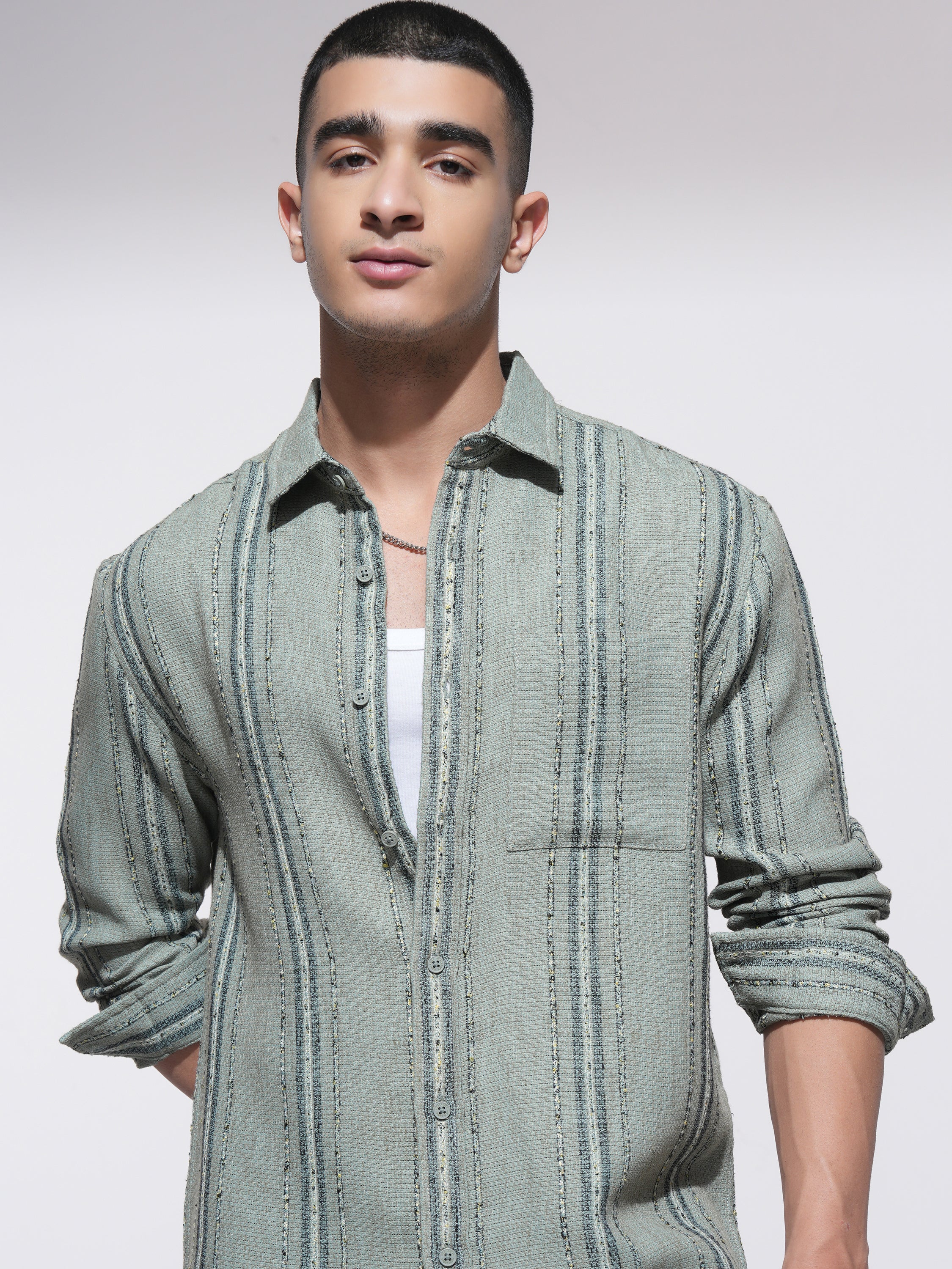 Highlander Men Green Striped Relaxed Fit Casual Shirt - Green - Image 1