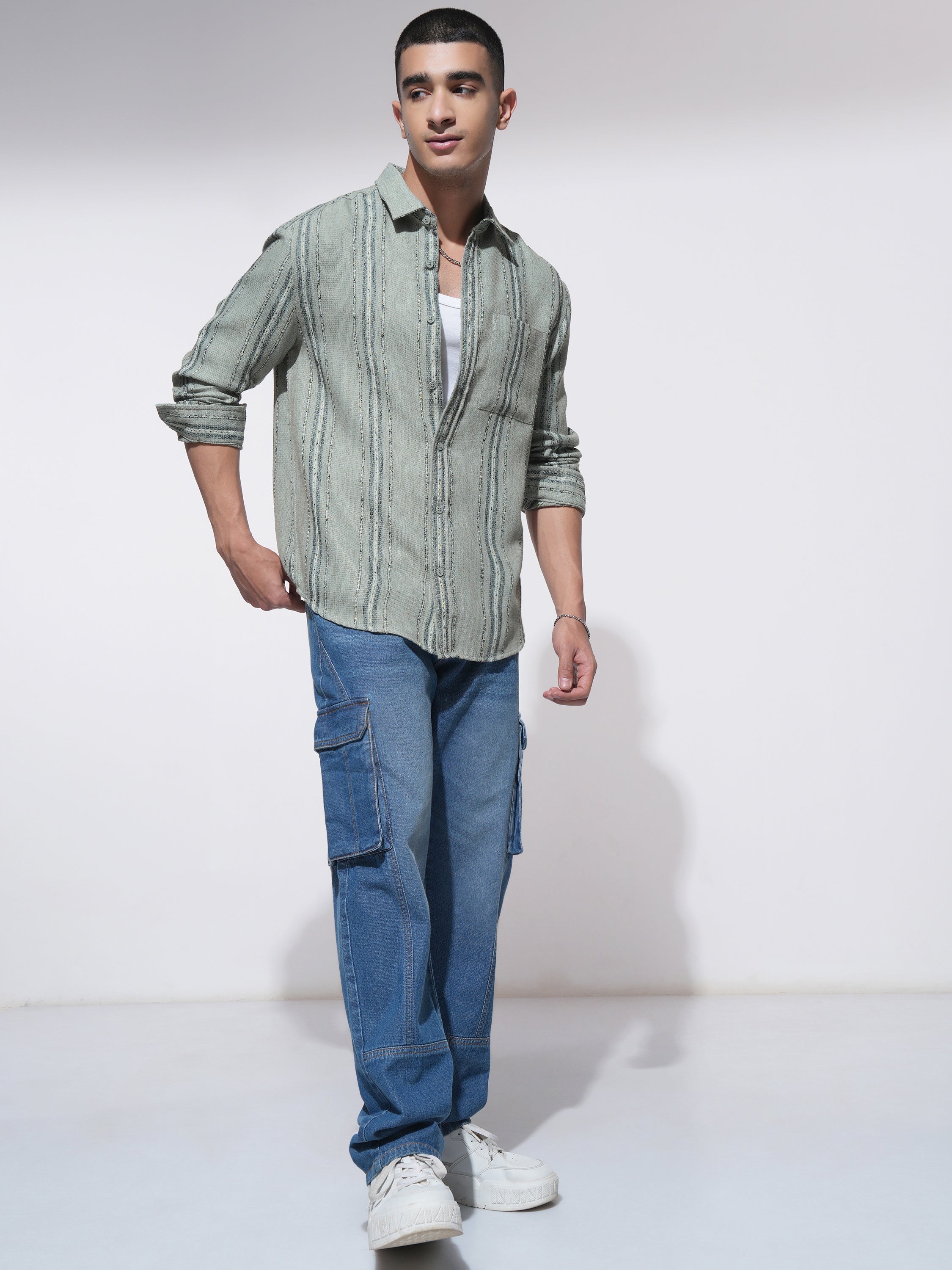 Highlander Men Green Striped Relaxed Fit Casual Shirt - Green - Image 2