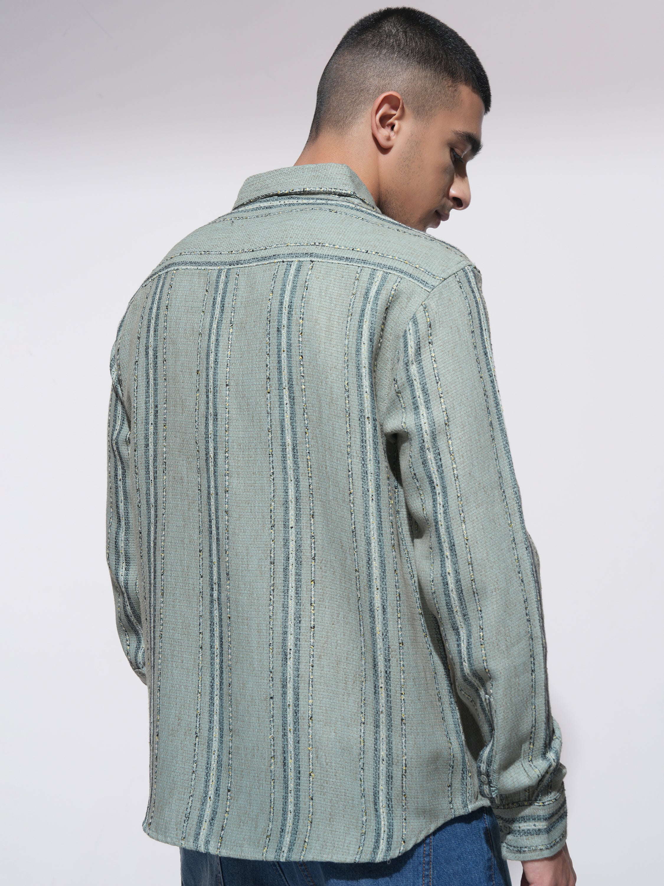 Highlander Men Green Striped Relaxed Fit Casual Shirt - Green - Image 3