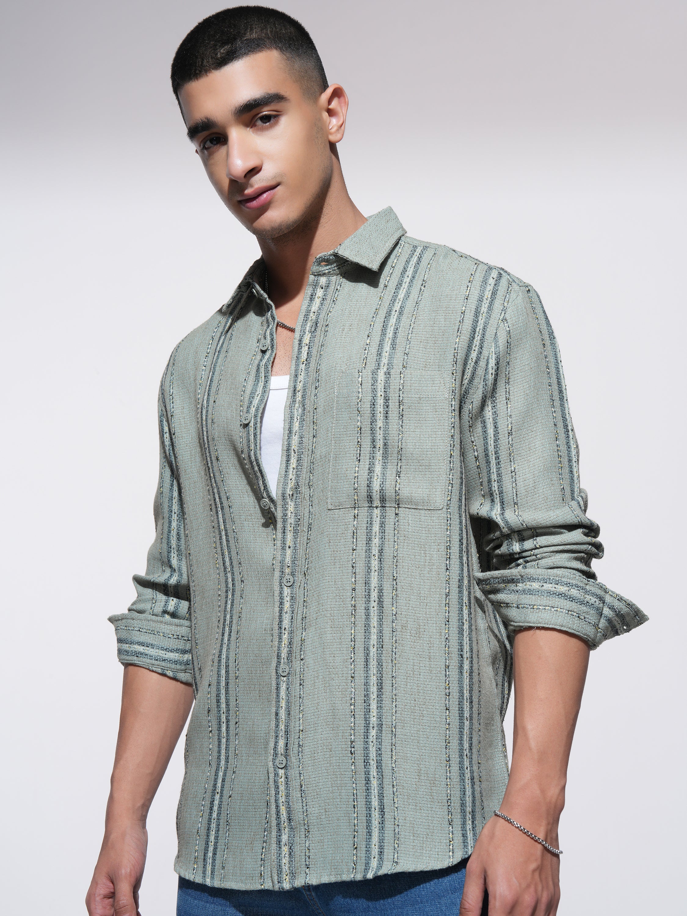 Highlander Men Green Striped Relaxed Fit Casual Shirt - Green - Image 4
