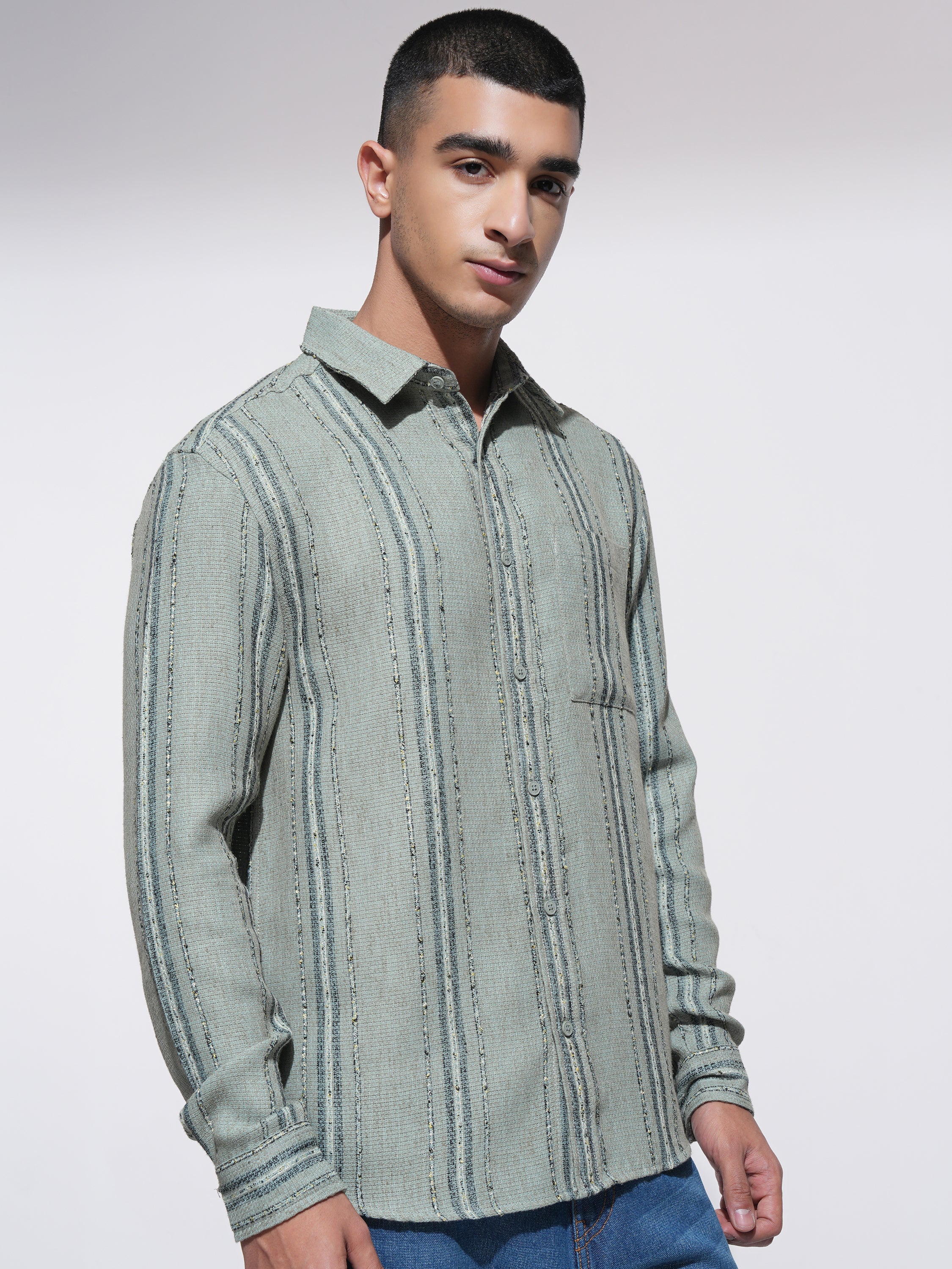 Highlander Men Green Striped Relaxed Fit Casual Shirt - Green - Image 6